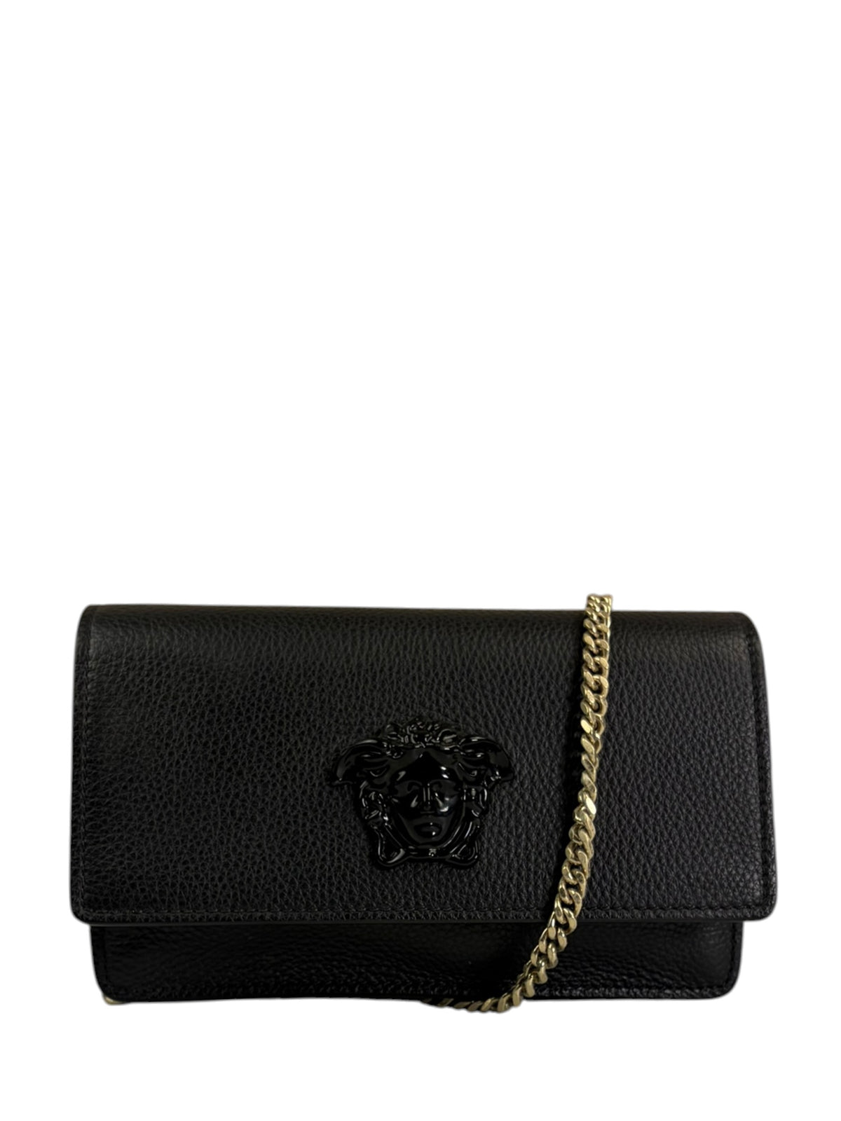 Versace Black Leather Palazzo Medusa Flap Wallet On Chain