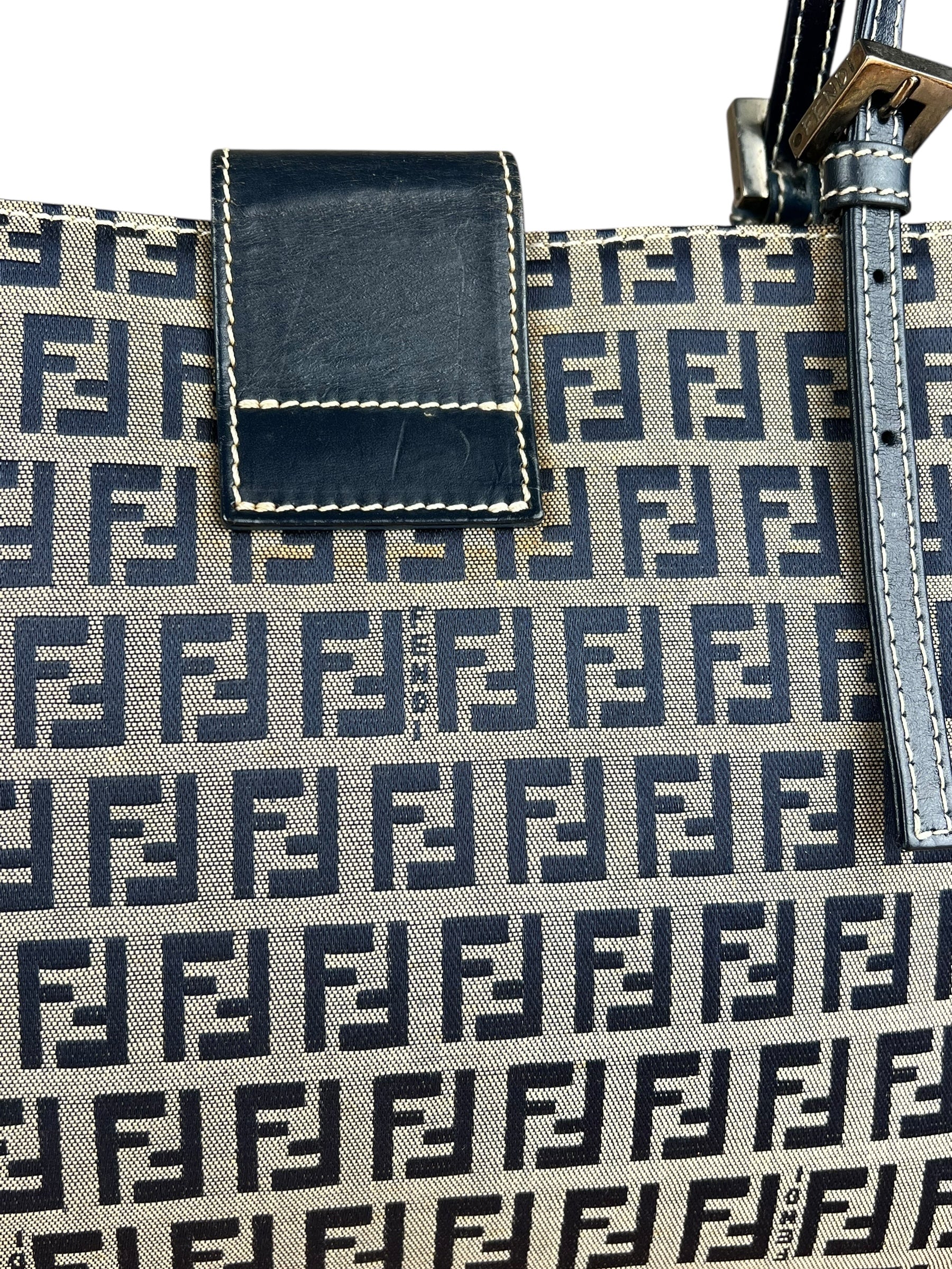 Fendi FF Buckle Navy Zucca Tote Handbag