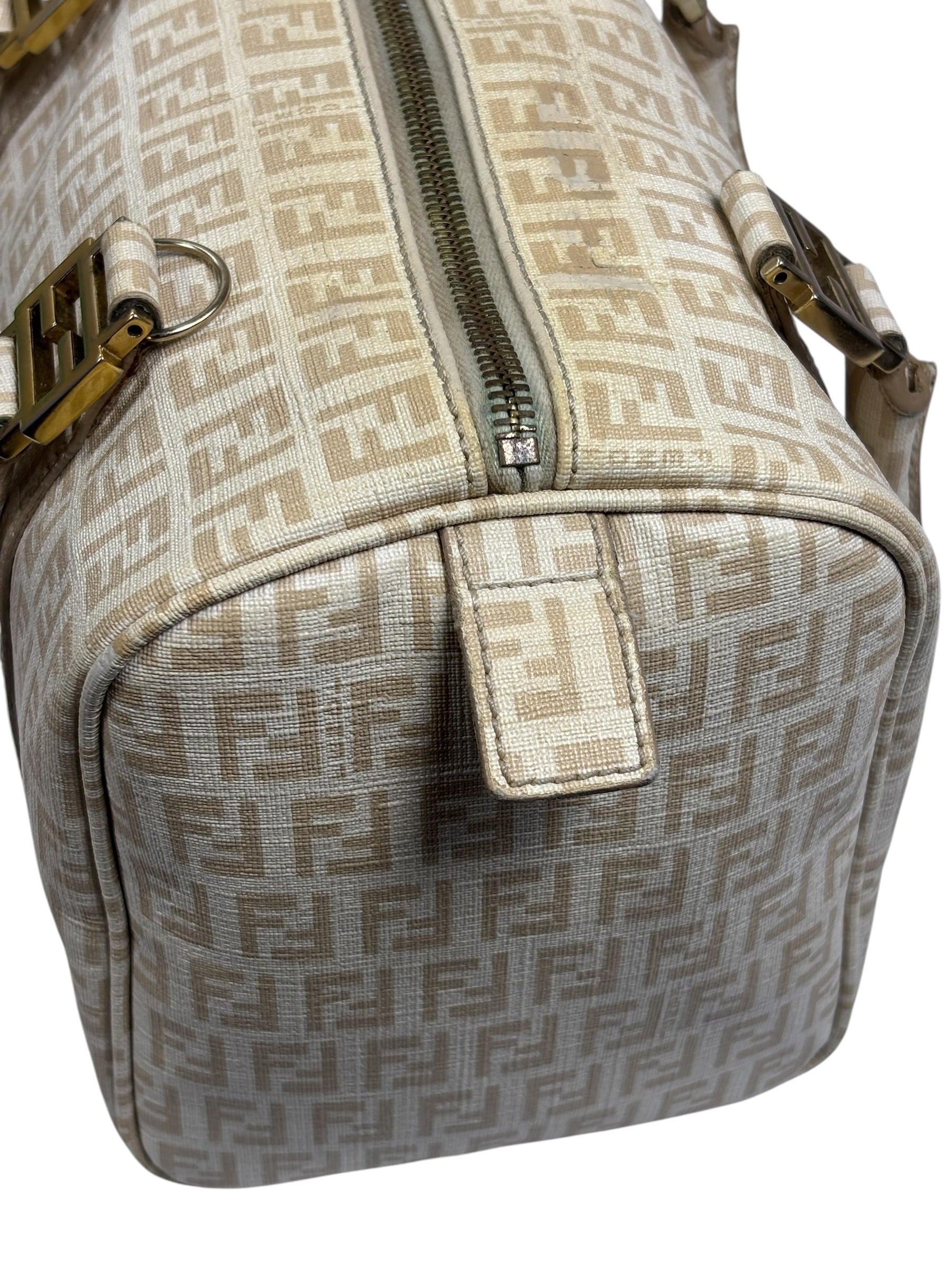 Fendi Beige Leather Trim Zucca Boston Bag