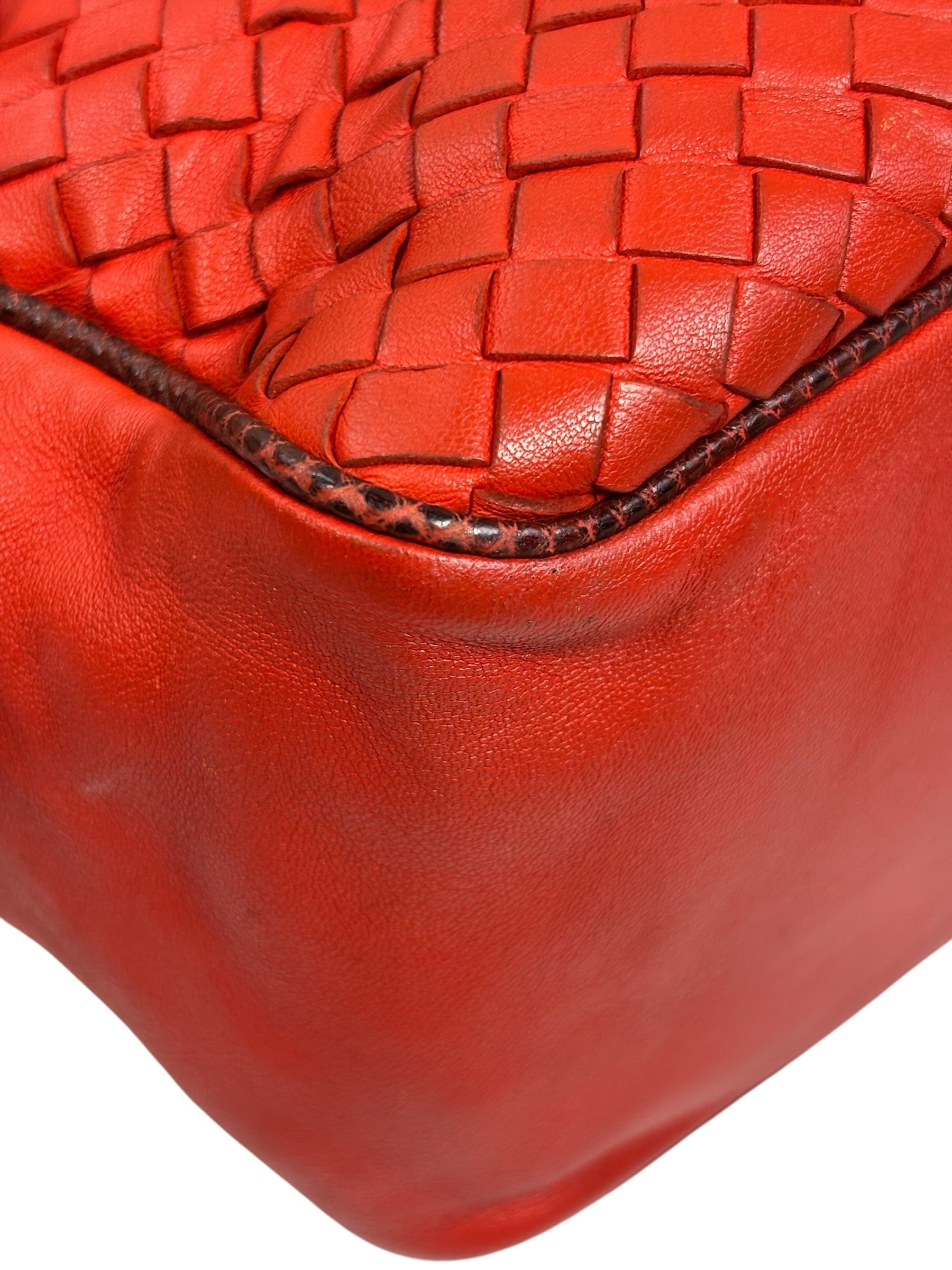 Bottega Veneta Red Lambskin/Lizard Intrecciato Shoulder Bag