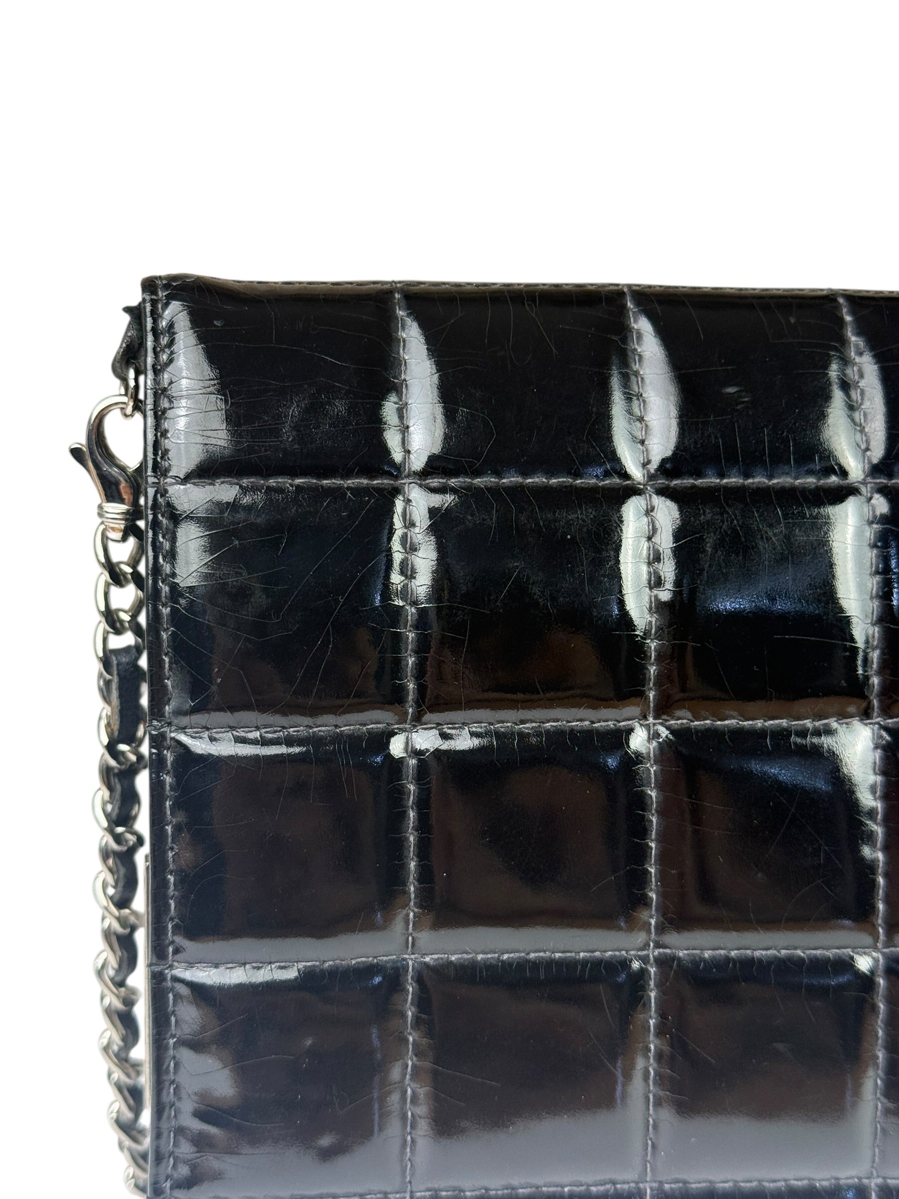 Chanel Black Patent Chocolate Bar Quilted Flap Shoulder Bag 2001