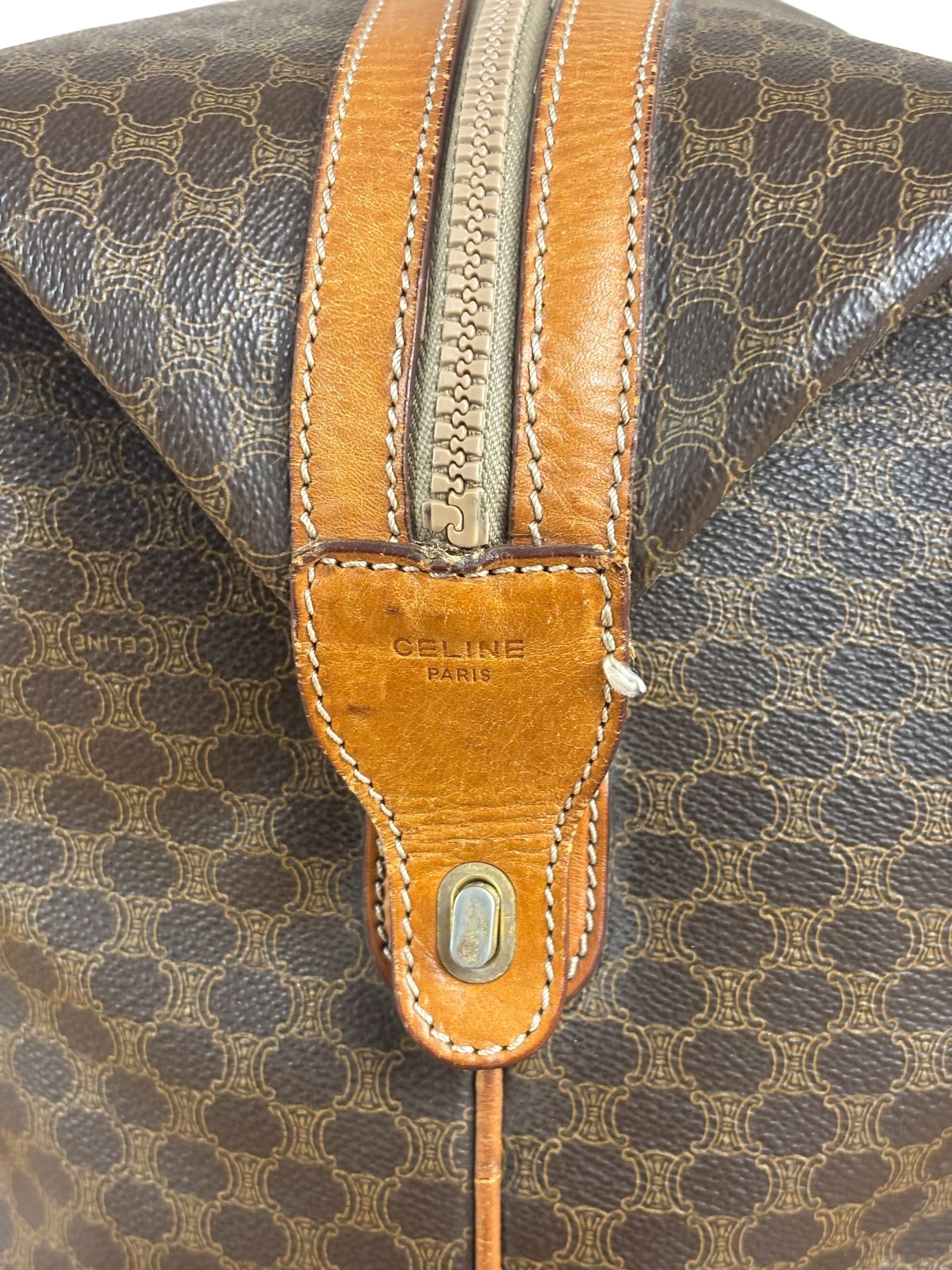 Celine Brown Leather Canvas Macadam Travel Handbag