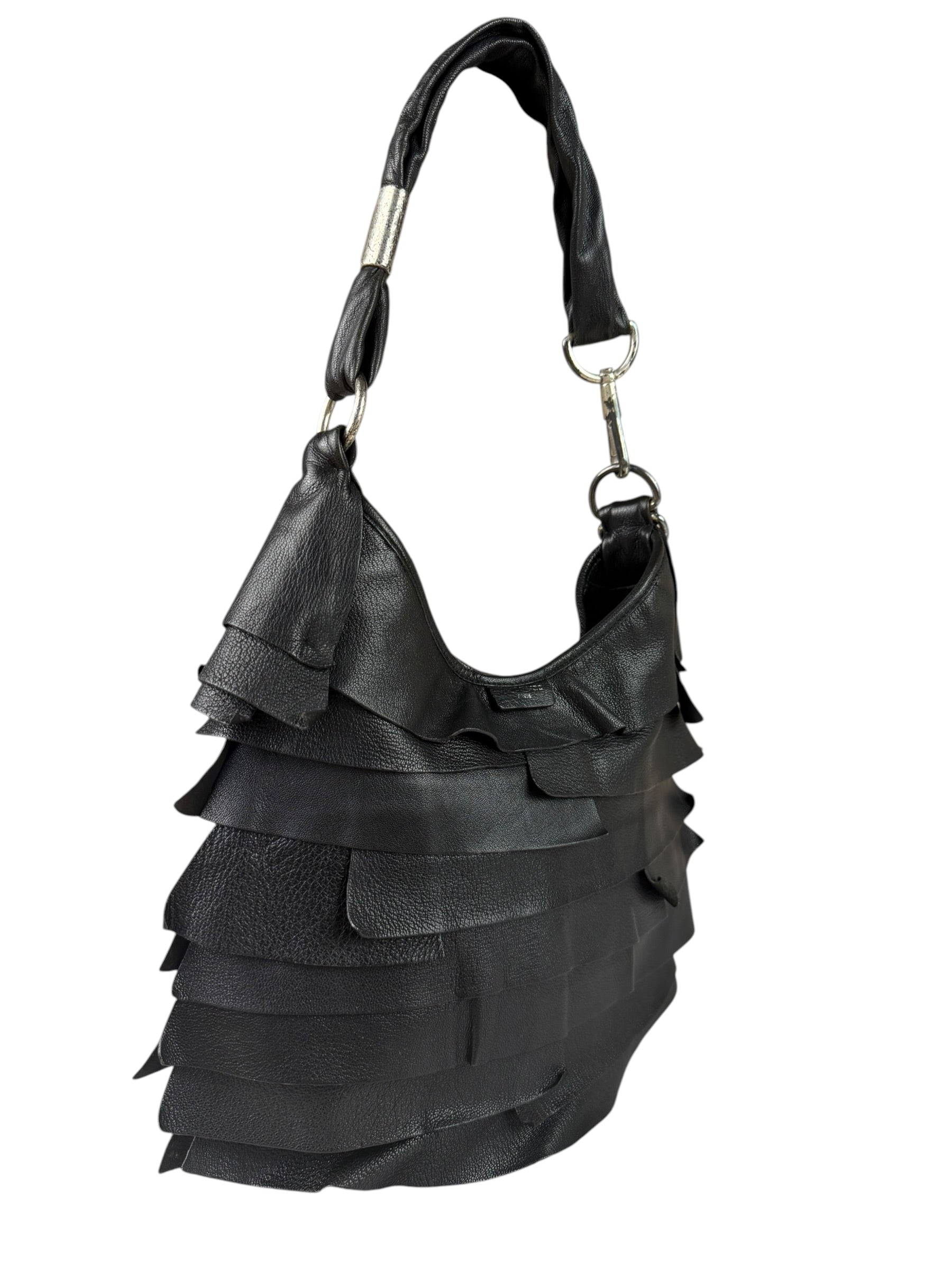 Yves Saint Laurent Black Leather St. Tropez Ruffled Hobo Bag