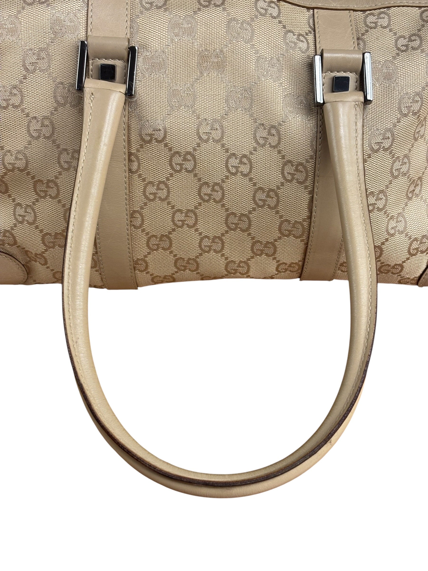 Gucci GG Beige Leather Trim Guccissima Small Boston Bag