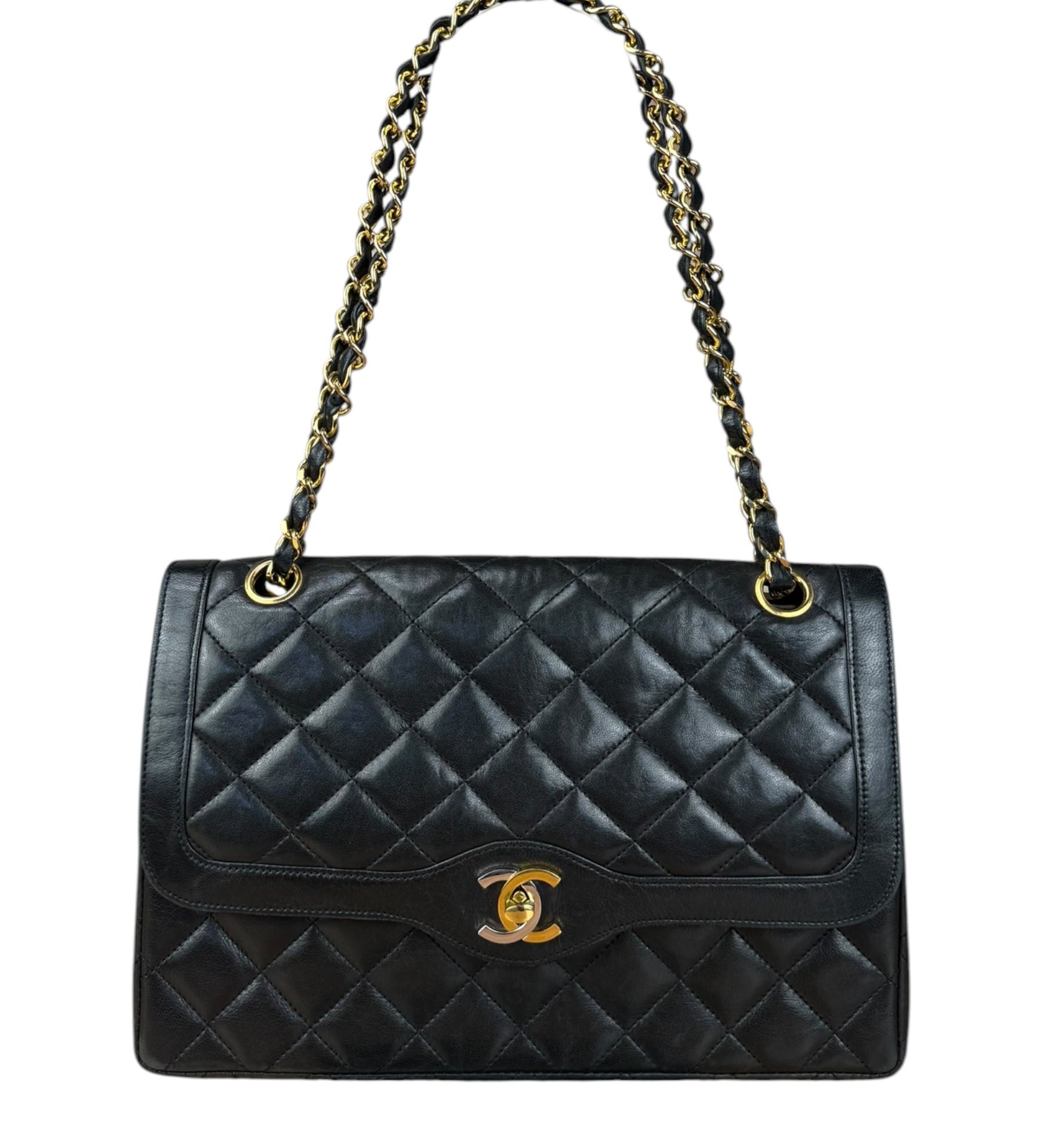Chanel Black Quilted Leather Two-Tone CC Double Flap Bag 90s
