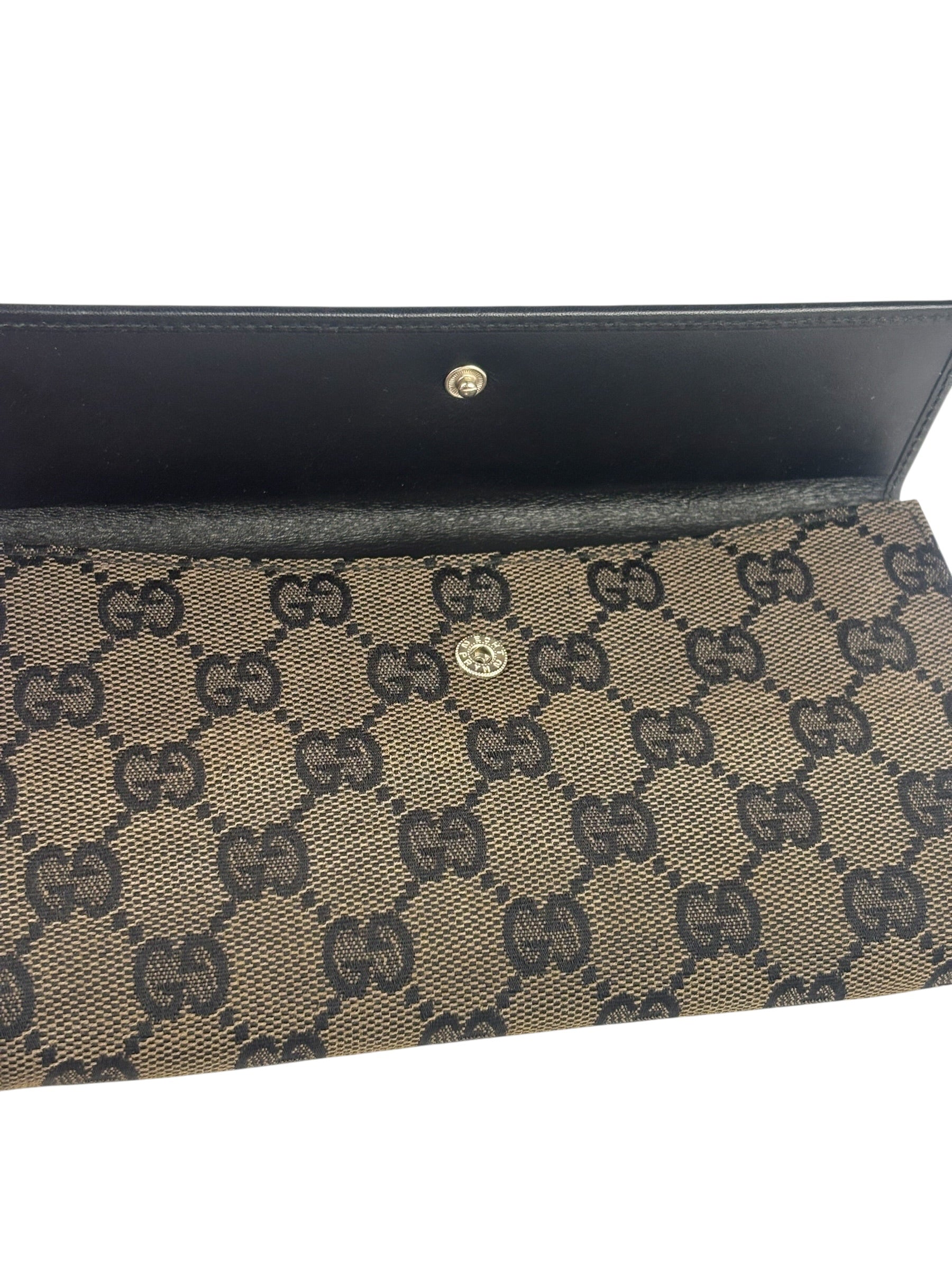 Gucci Black Leather Trim GG Flap Long Wallet