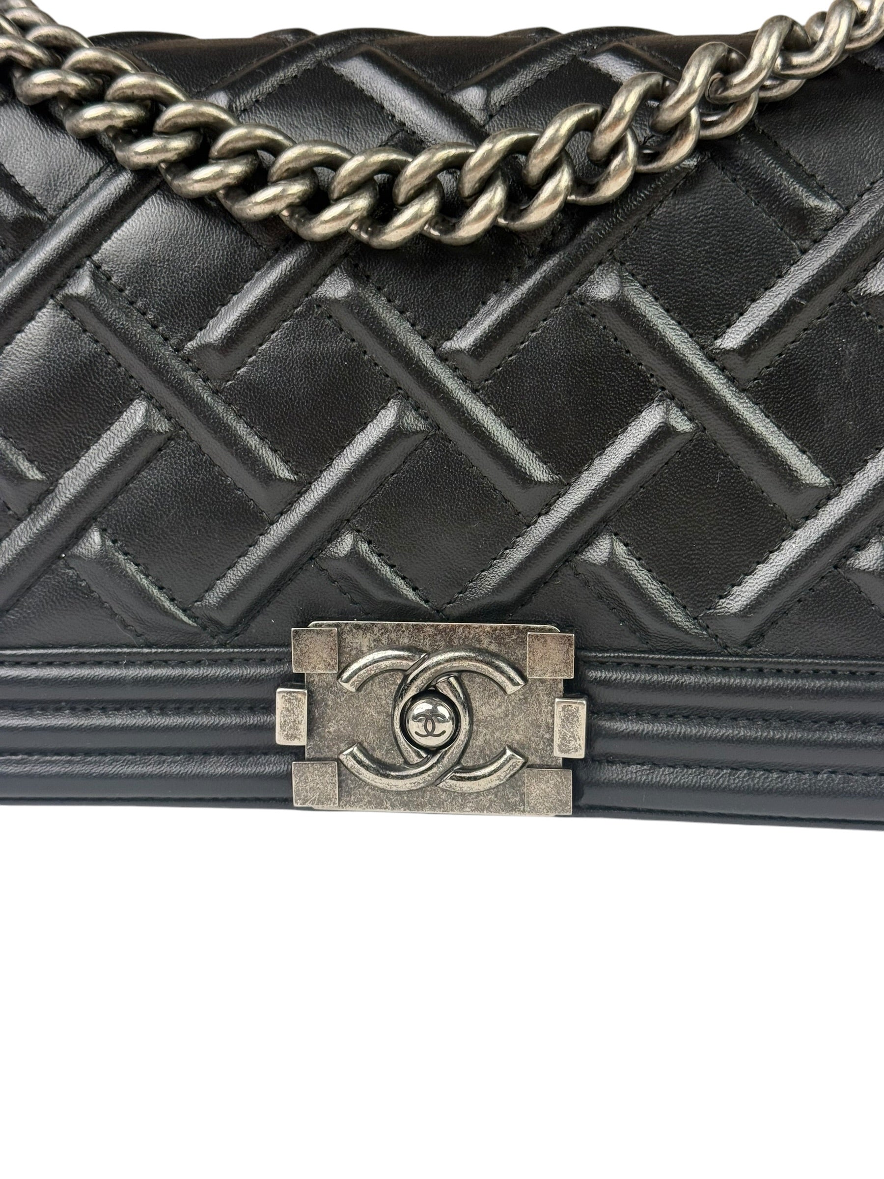 Chanel Black Leather Diamond Quilted Medium Boy Bag 2012