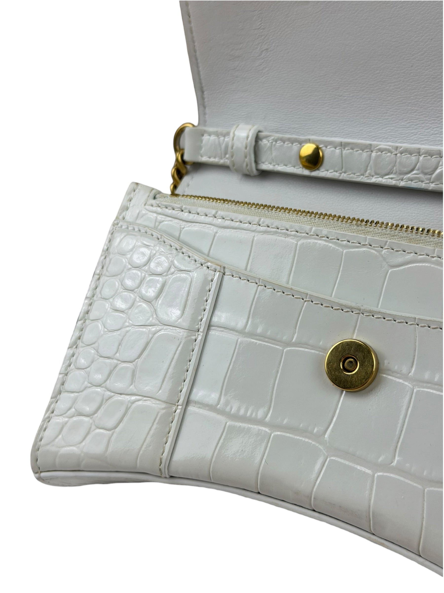 Balenciaga White Crocodile Embossed Hourglass Wallet On Chain