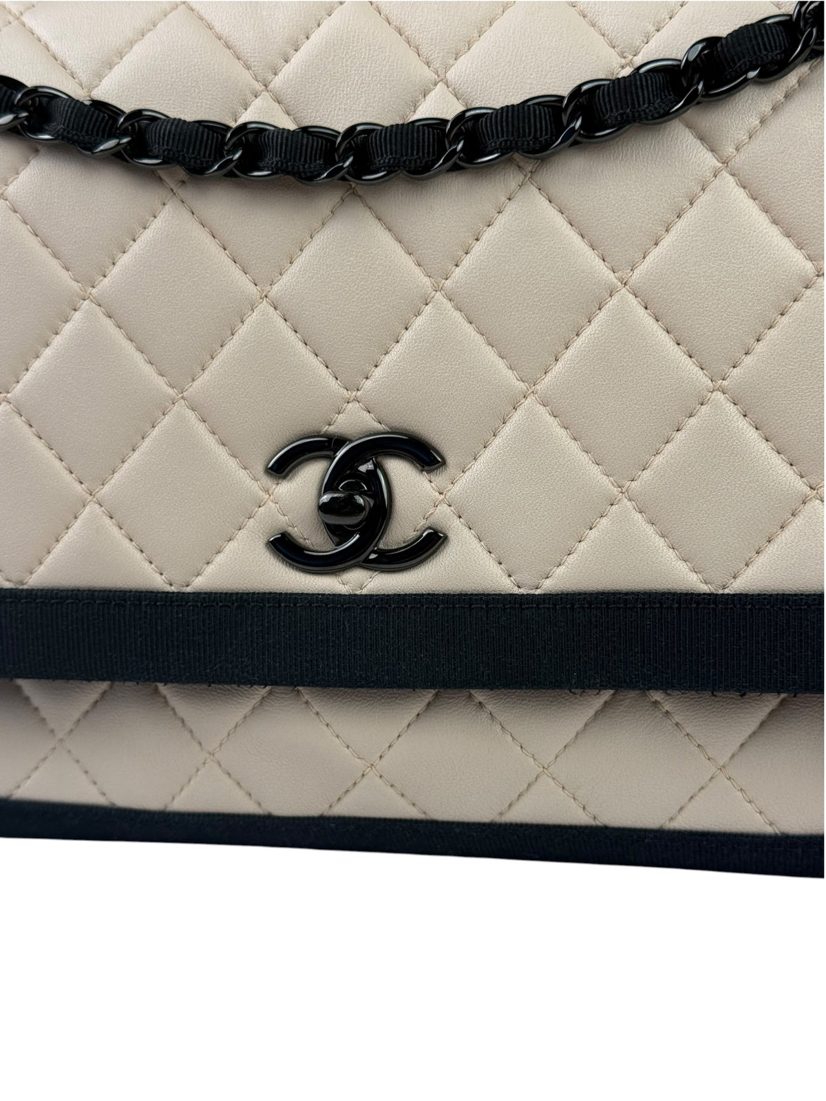 Chanel Beige/Navy Quilted Lambskin Flap Bag 2015