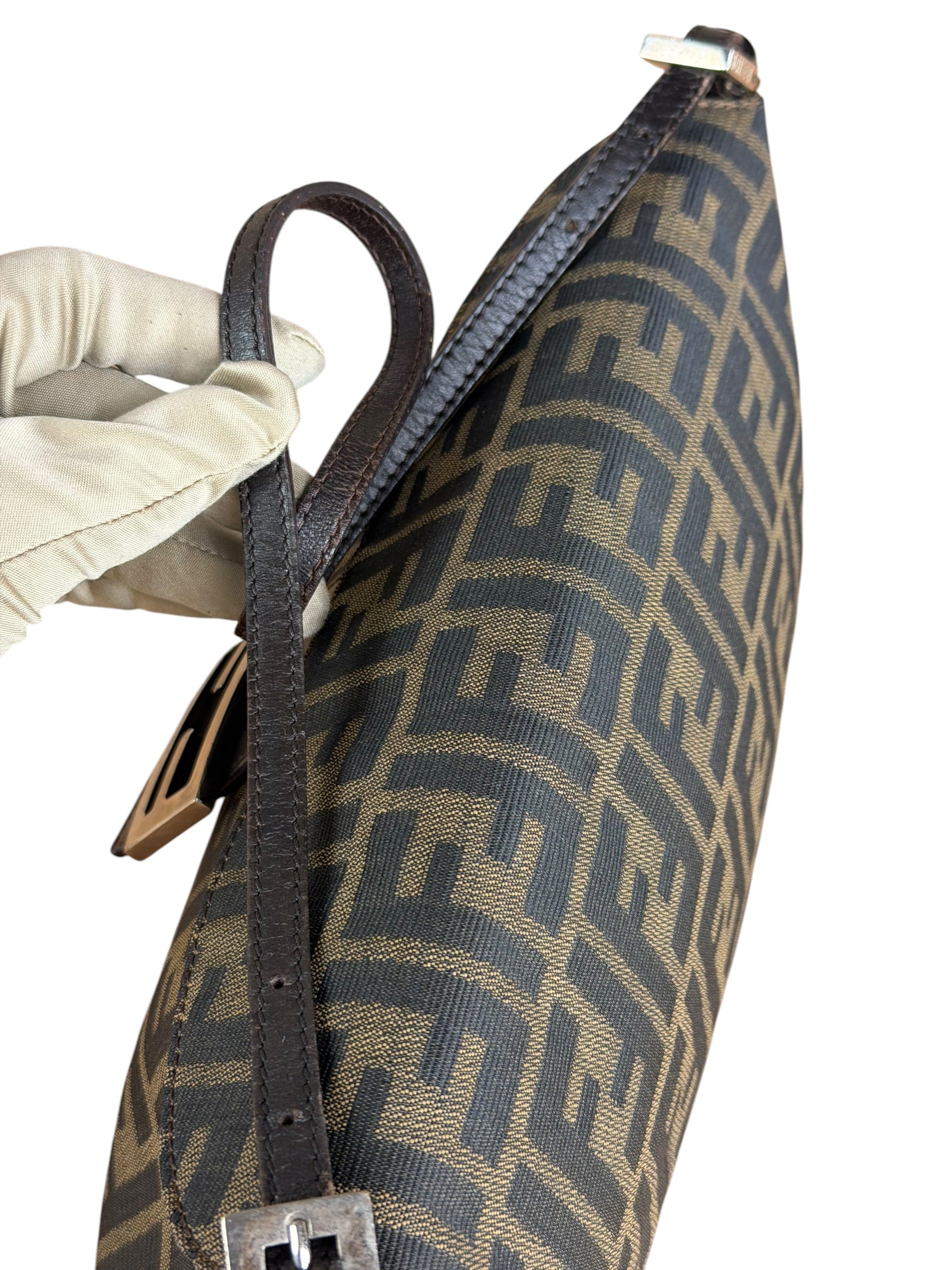 Fendi Brown Leather Trim Zucca FF Monogram Baguette