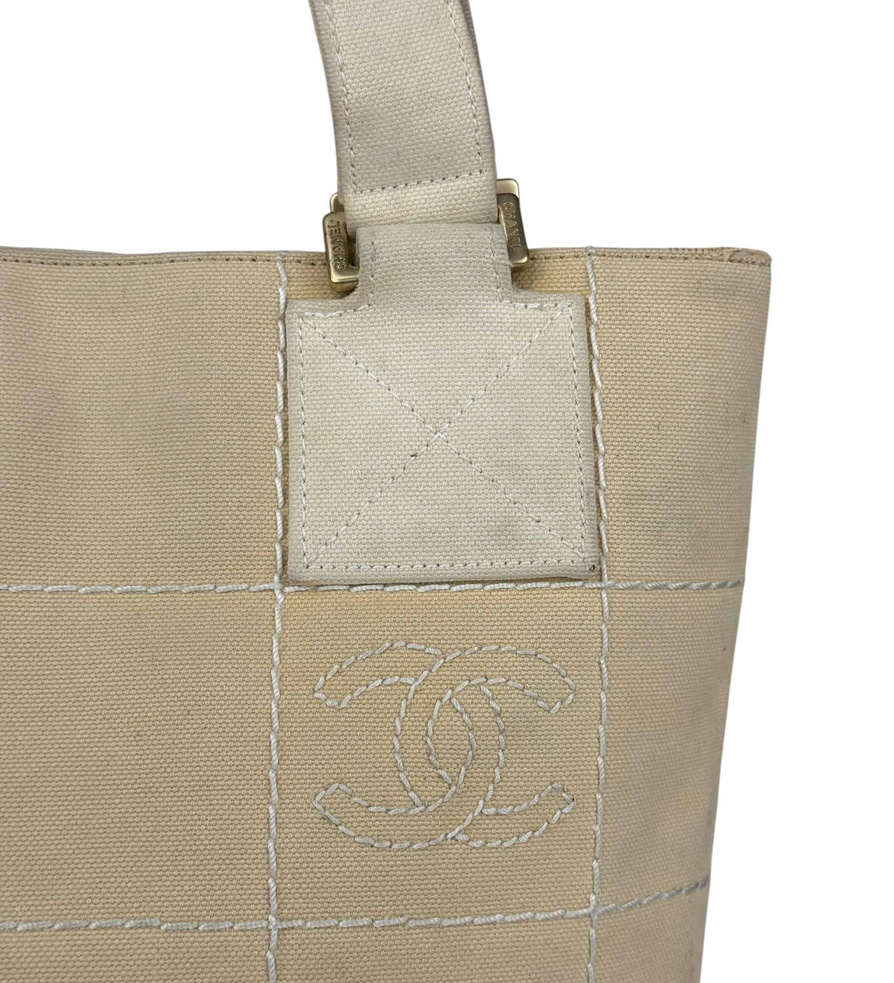 Chanel Vintage Beige Canvas Quilted Chocolate Bar Tote 2003