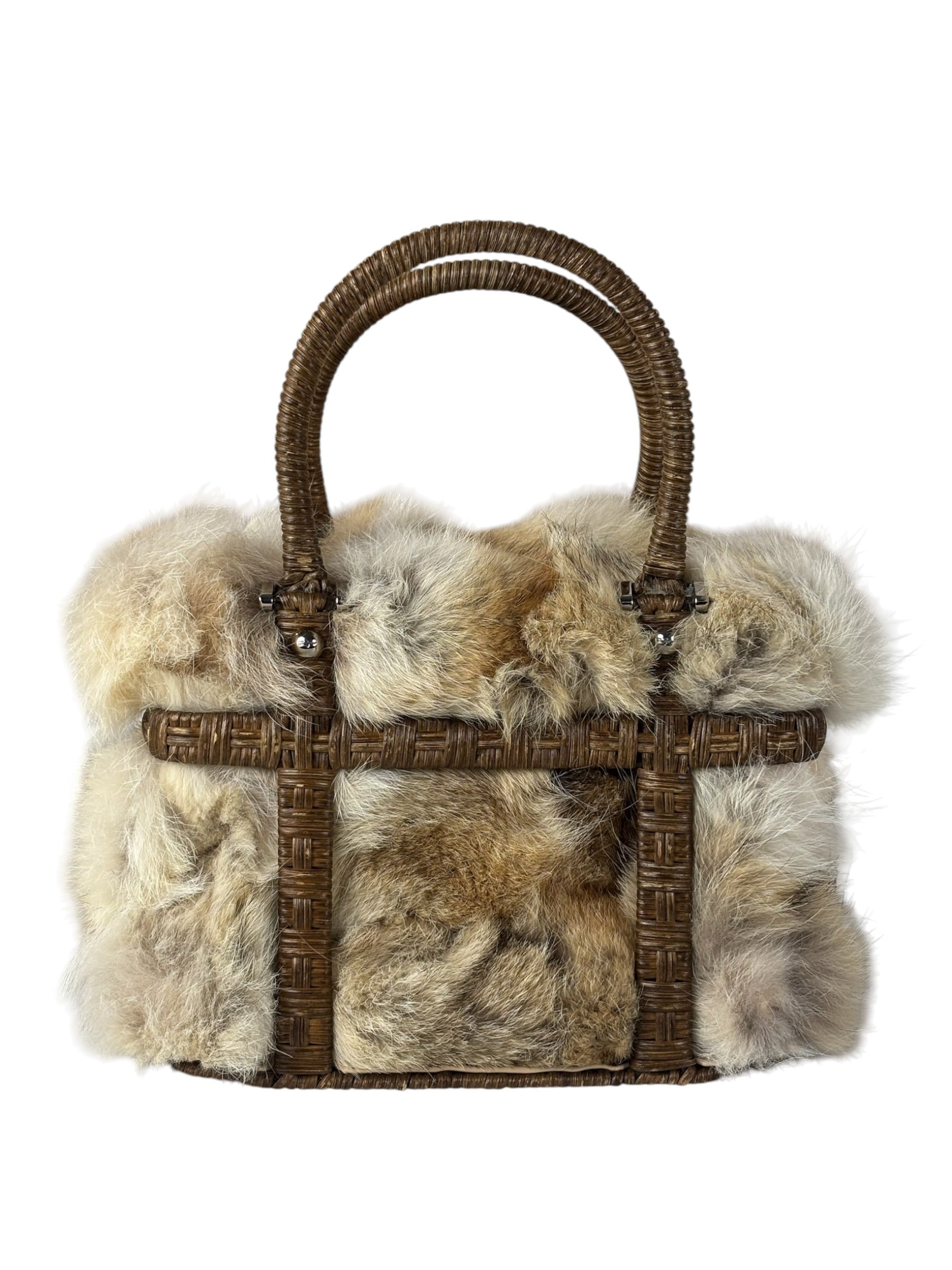 Ferragamo Vintage Fur Rattan Top Handle Bag