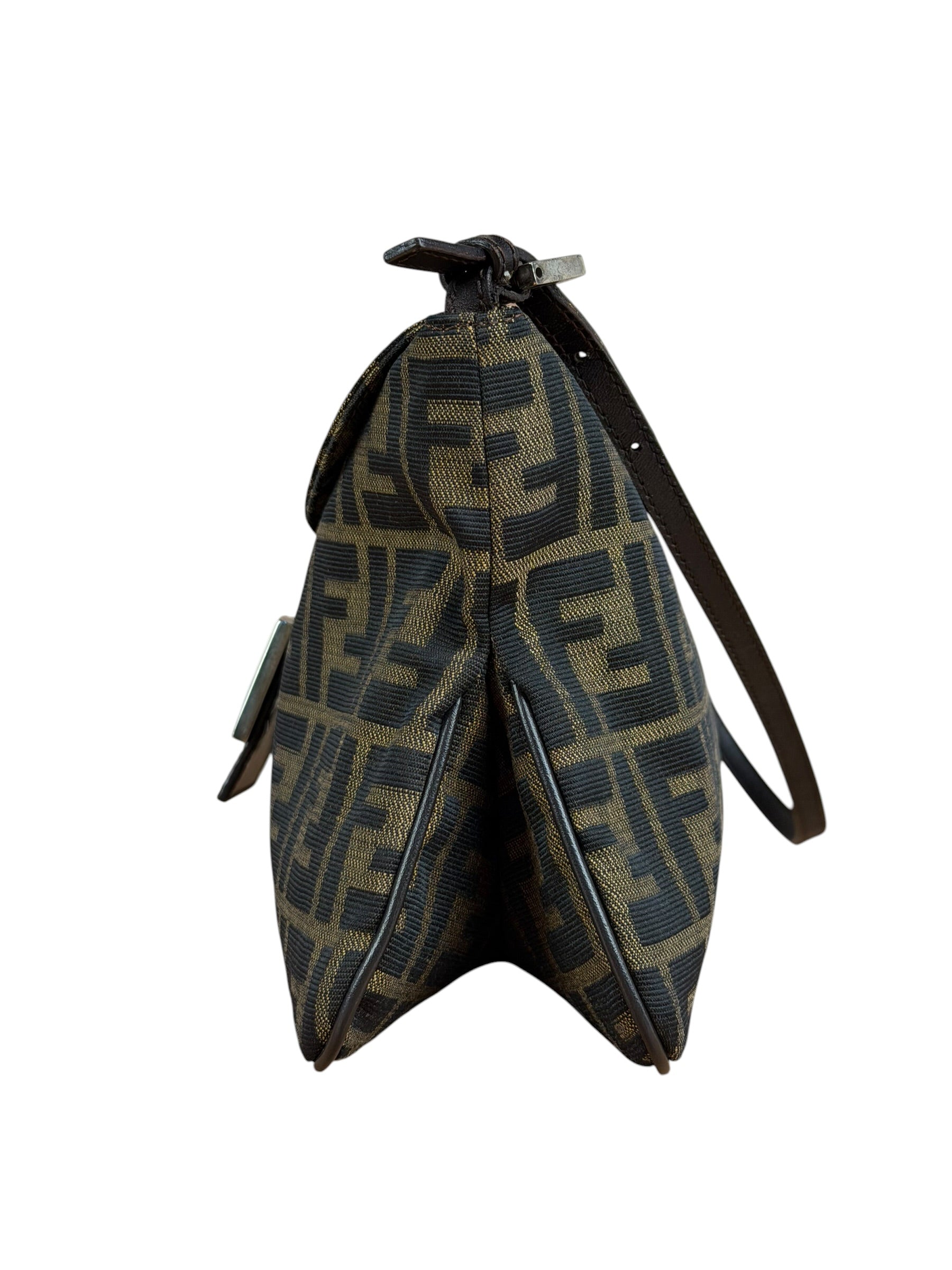 Fendi Brown Leather Trim Zucca FF Monogram Baguette