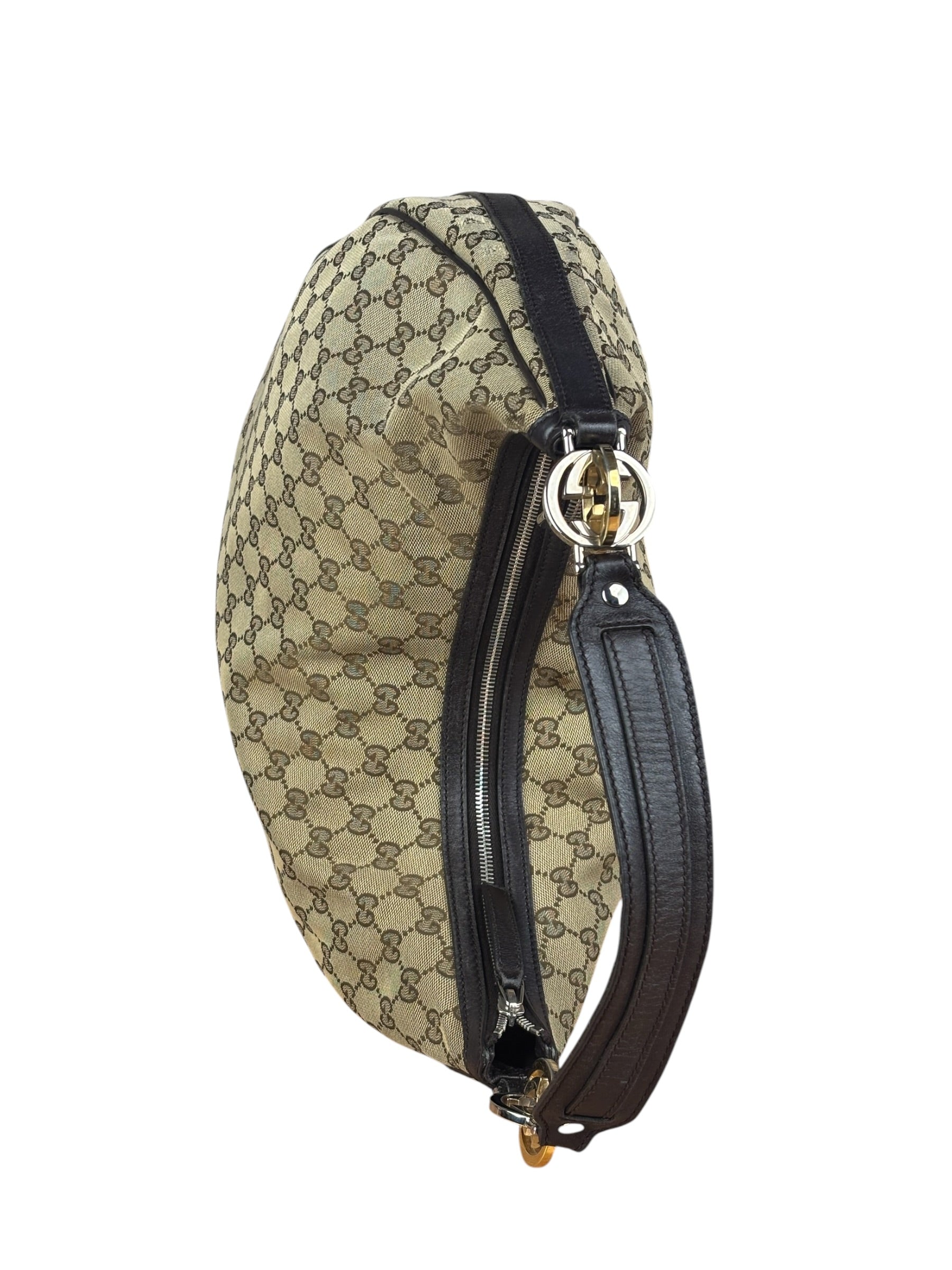 Gucci Vintage Dark Brown Leather Trim GG Canvas Twin Hobo Bag