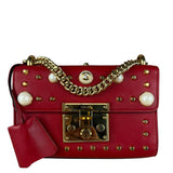 Gucci Red Leather Pearl Studded Padlock Shoulder Bag