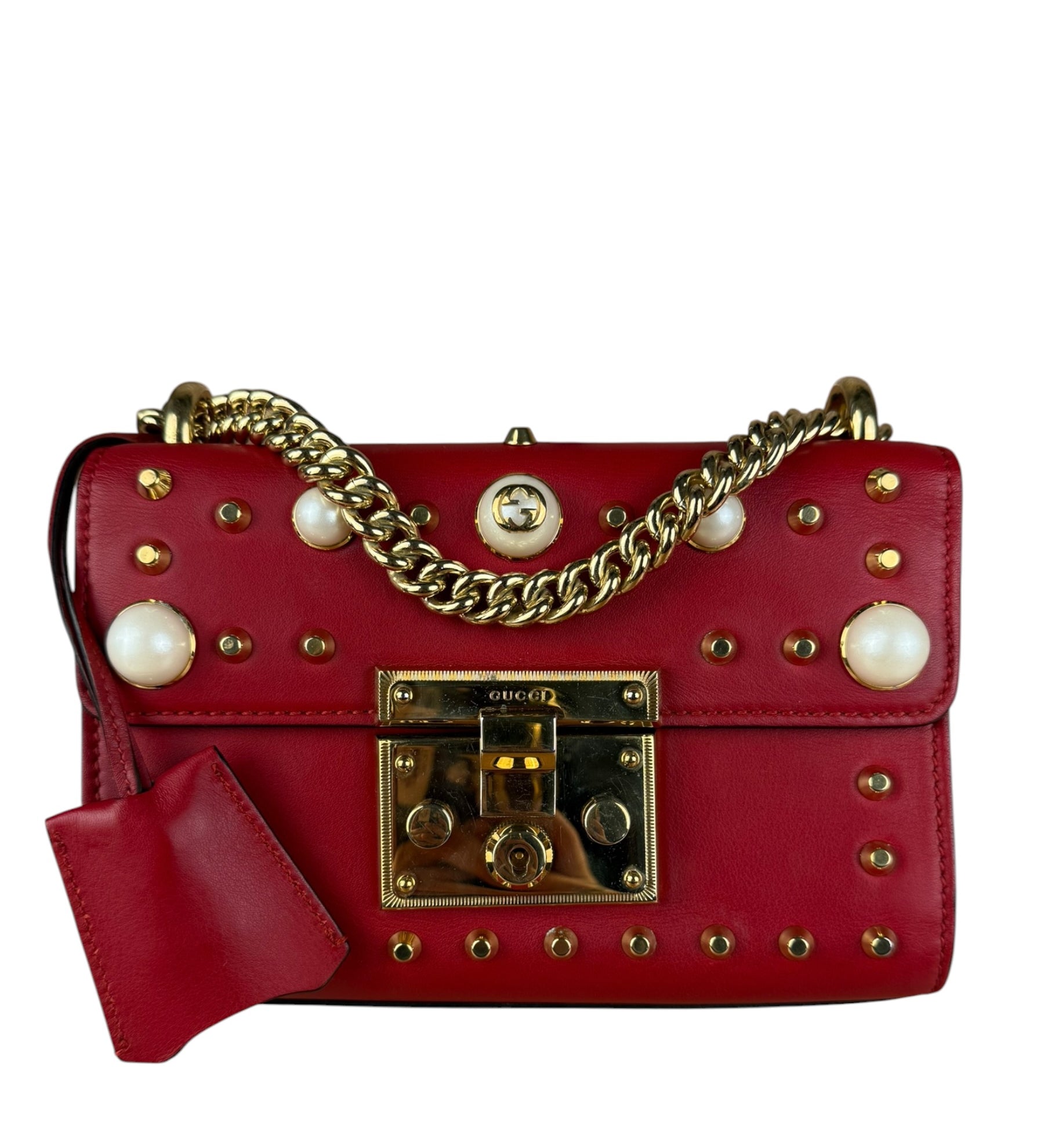 Gucci Red Leather Pearl Studded Padlock Shoulder Bag
