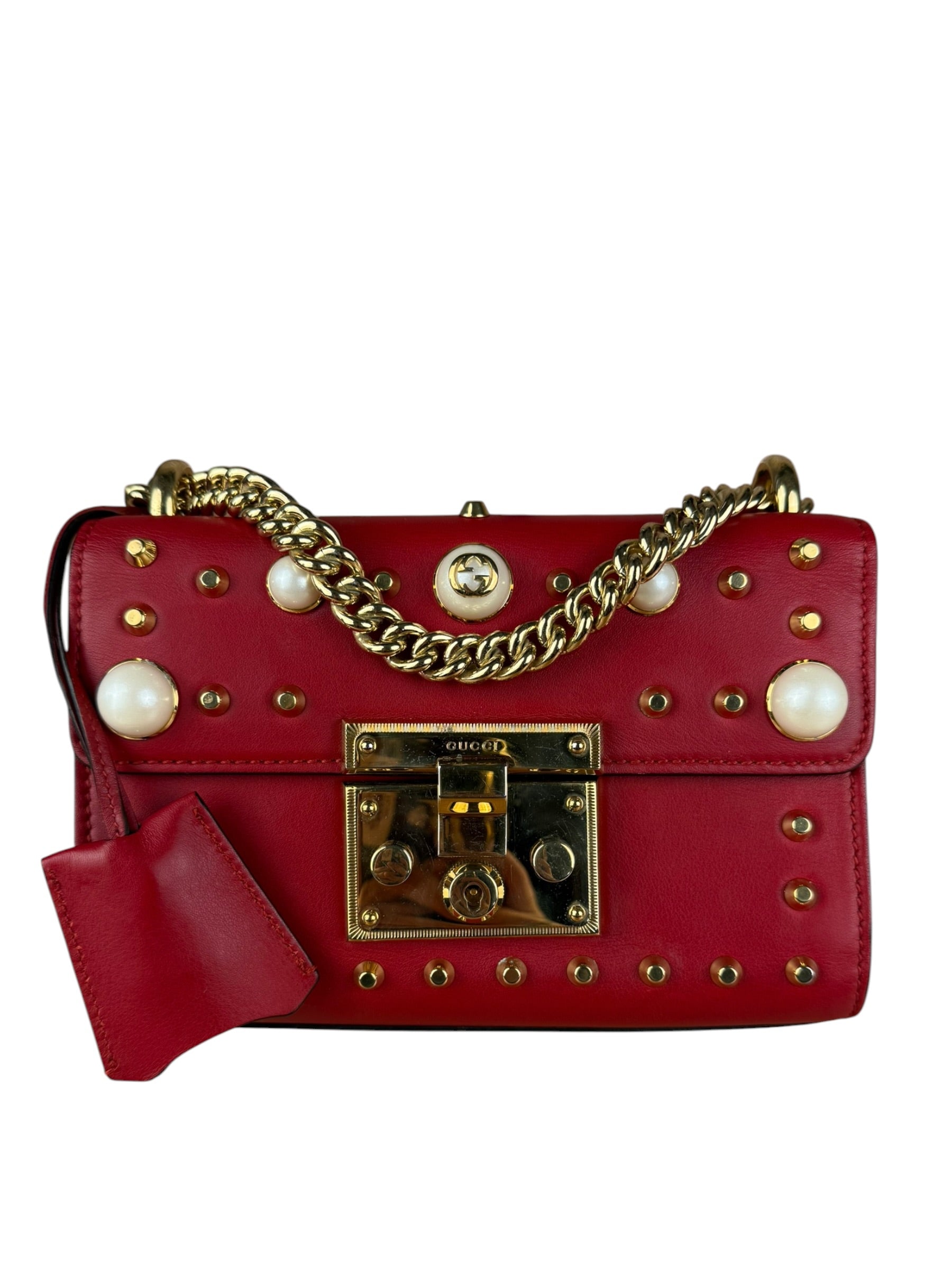 Gucci Red Leather Pearl Studded Padlock Shoulder Bag