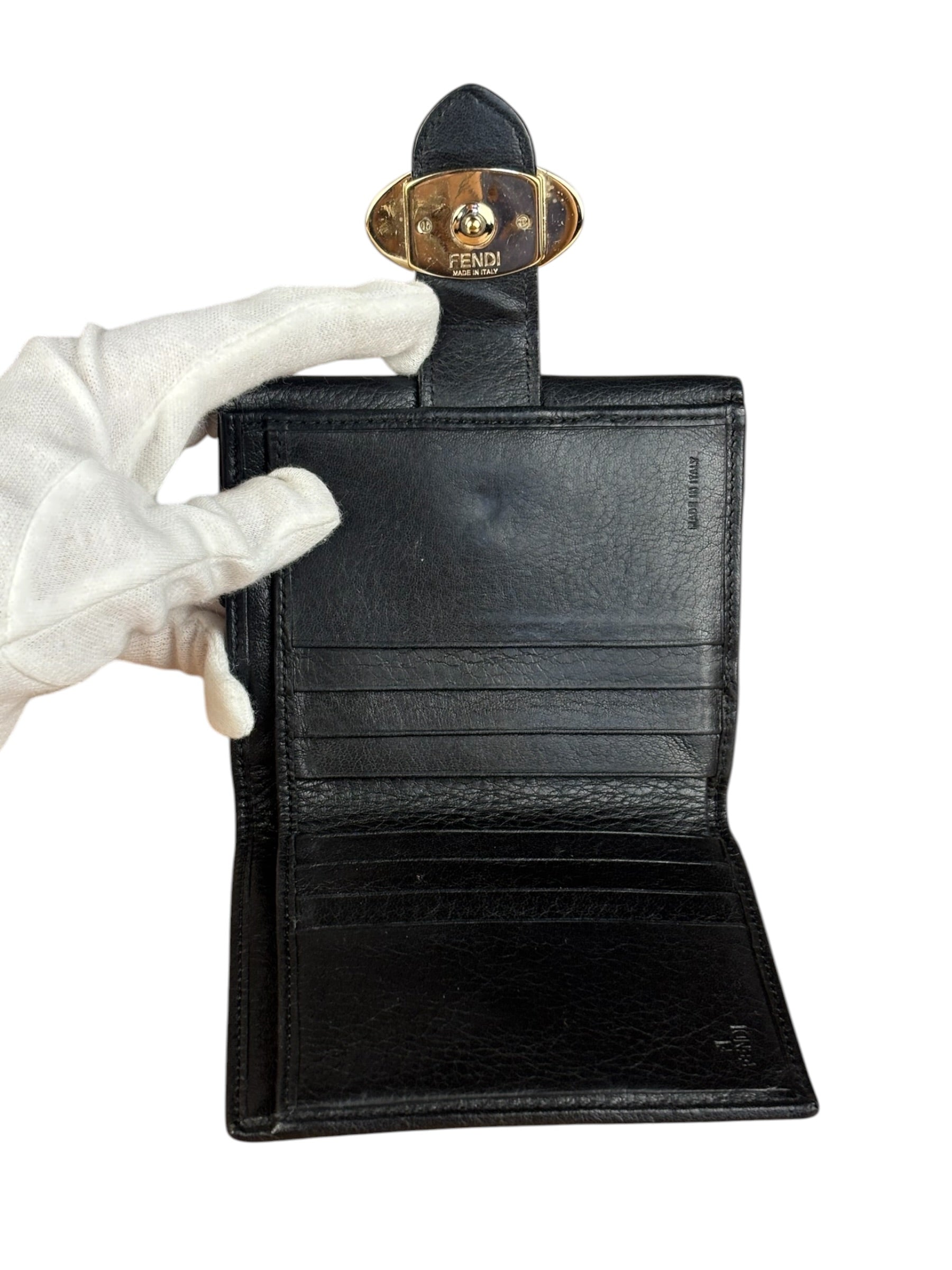 Fendi FF Black Canvas Leather Trim Compact Wallet
