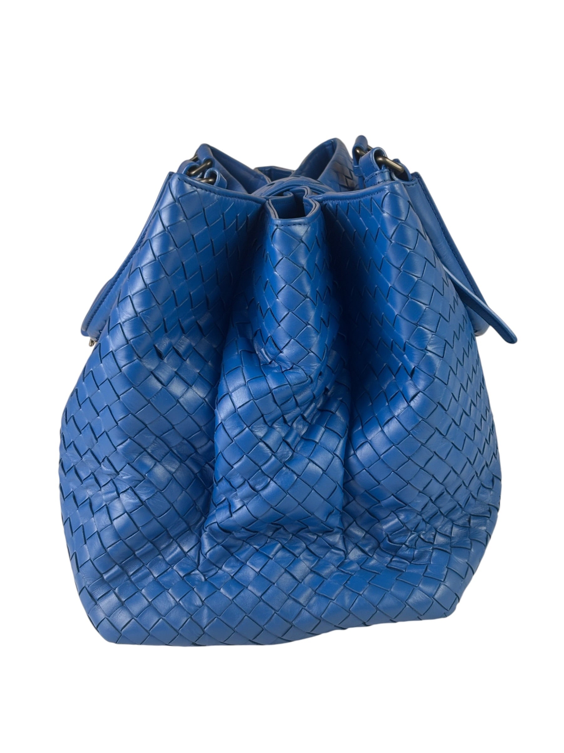 Bottega Venete Blue Lambskin Intrecciato Roma Tote