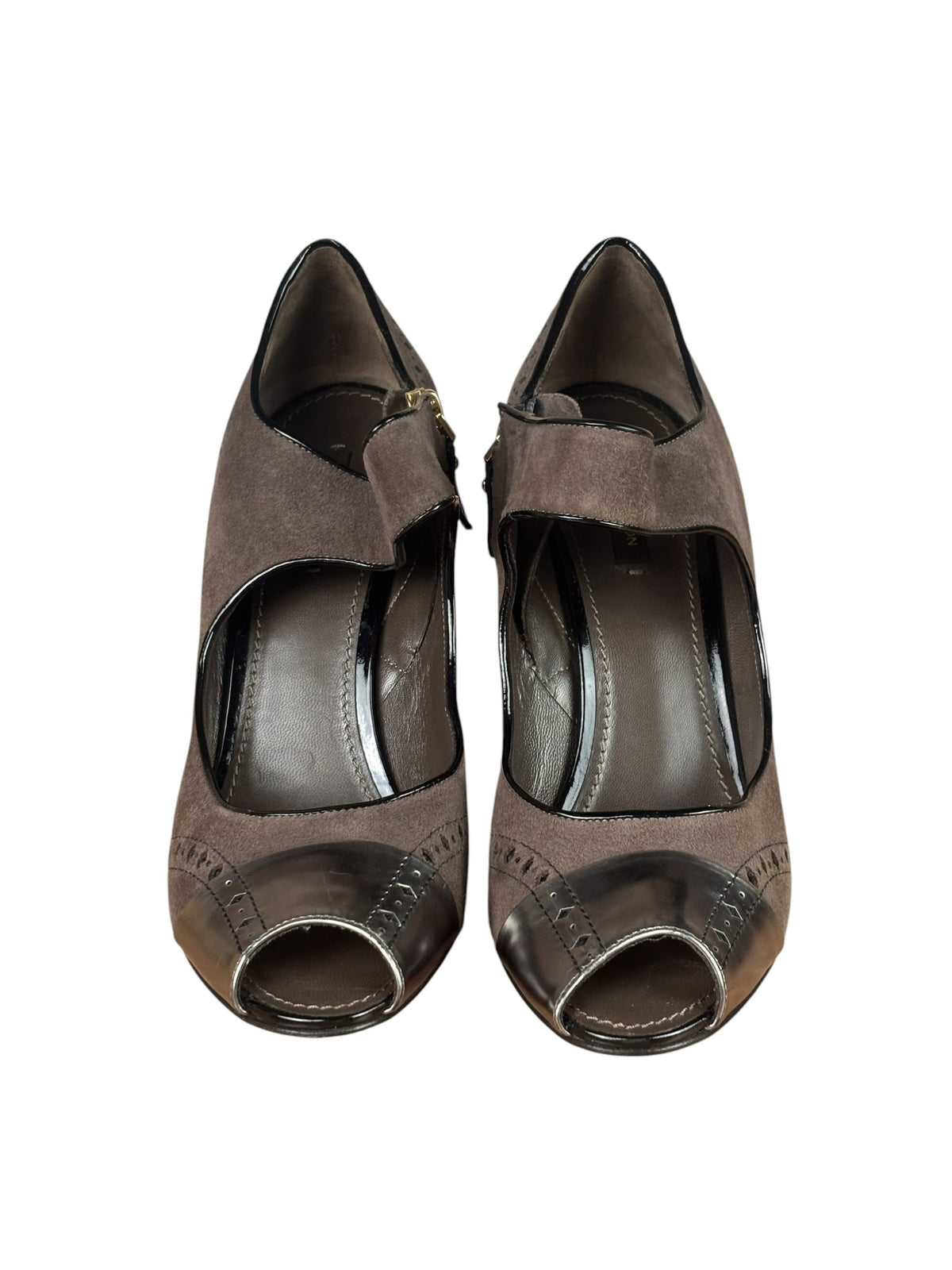 Louis Vuitton Brown Suede Silver Peep-Toe Pumps