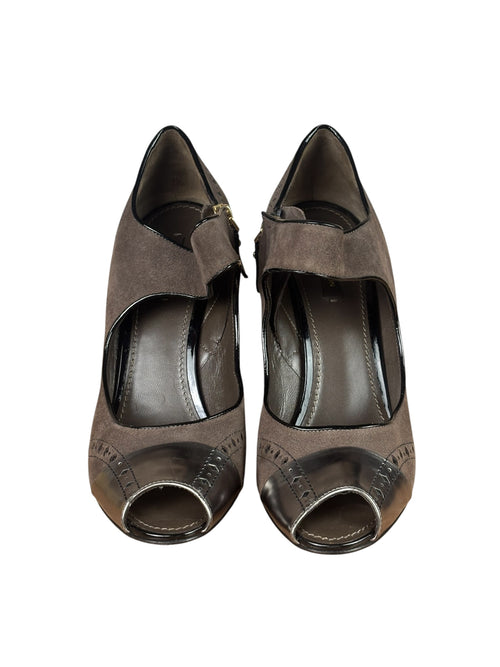Louis Vuitton Brown Suede Silver Peep-Toe Pumps