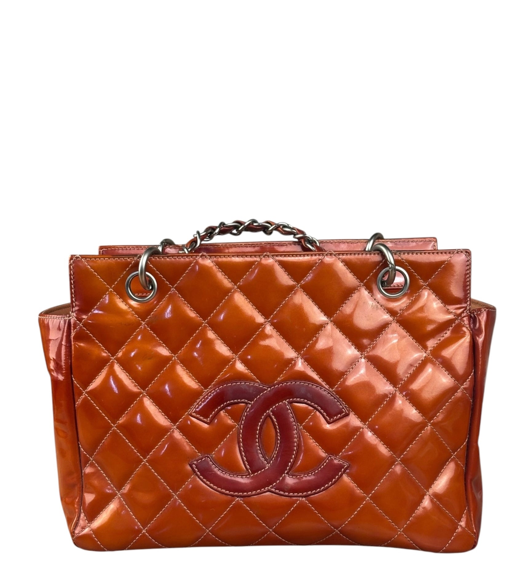 Chanel Vintage Orange Patent Leather Petit Timeless Shopping Tote Bag 2001