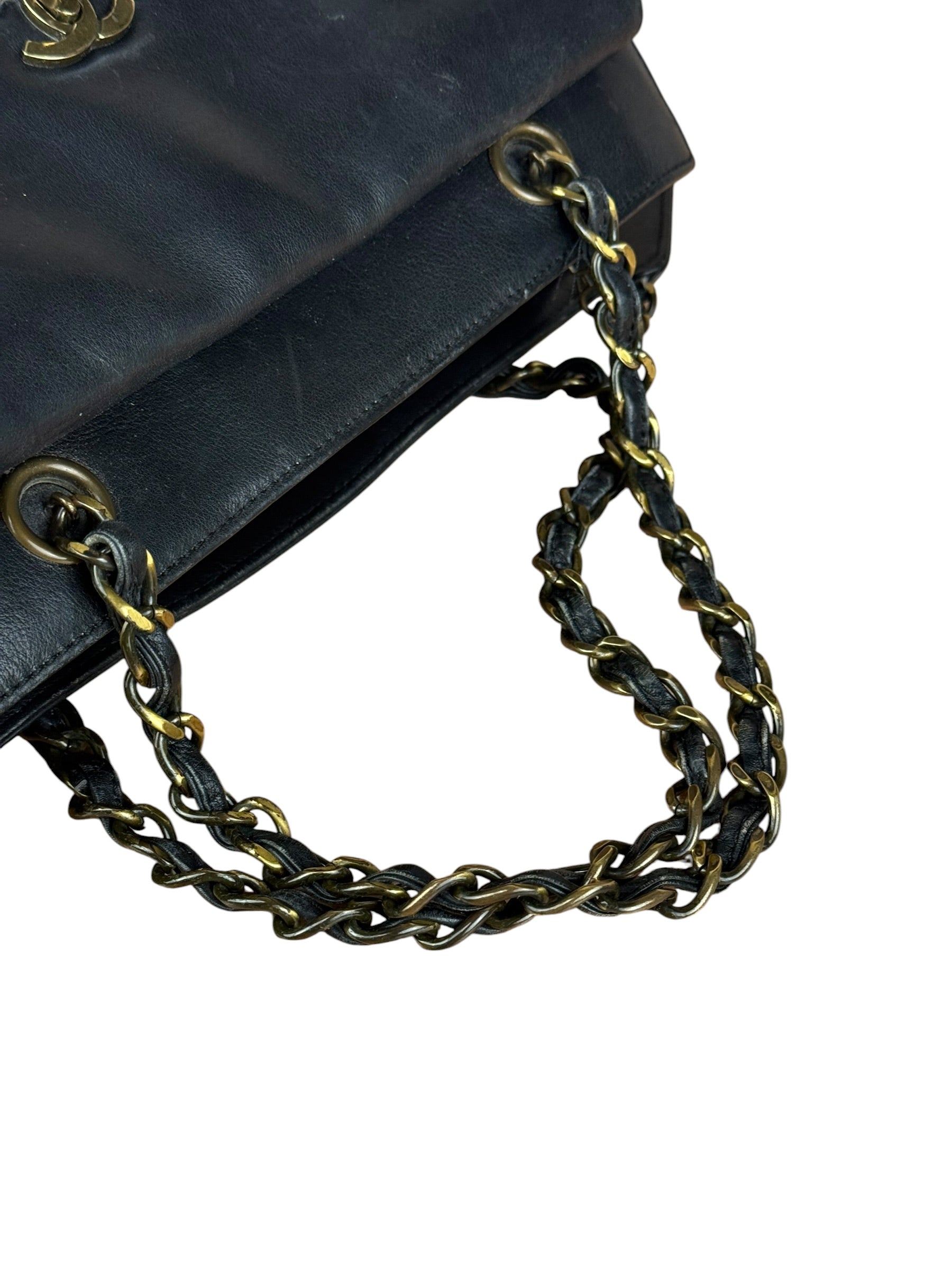 Chanel Black Leather Front Pocket Chain Tote 1998