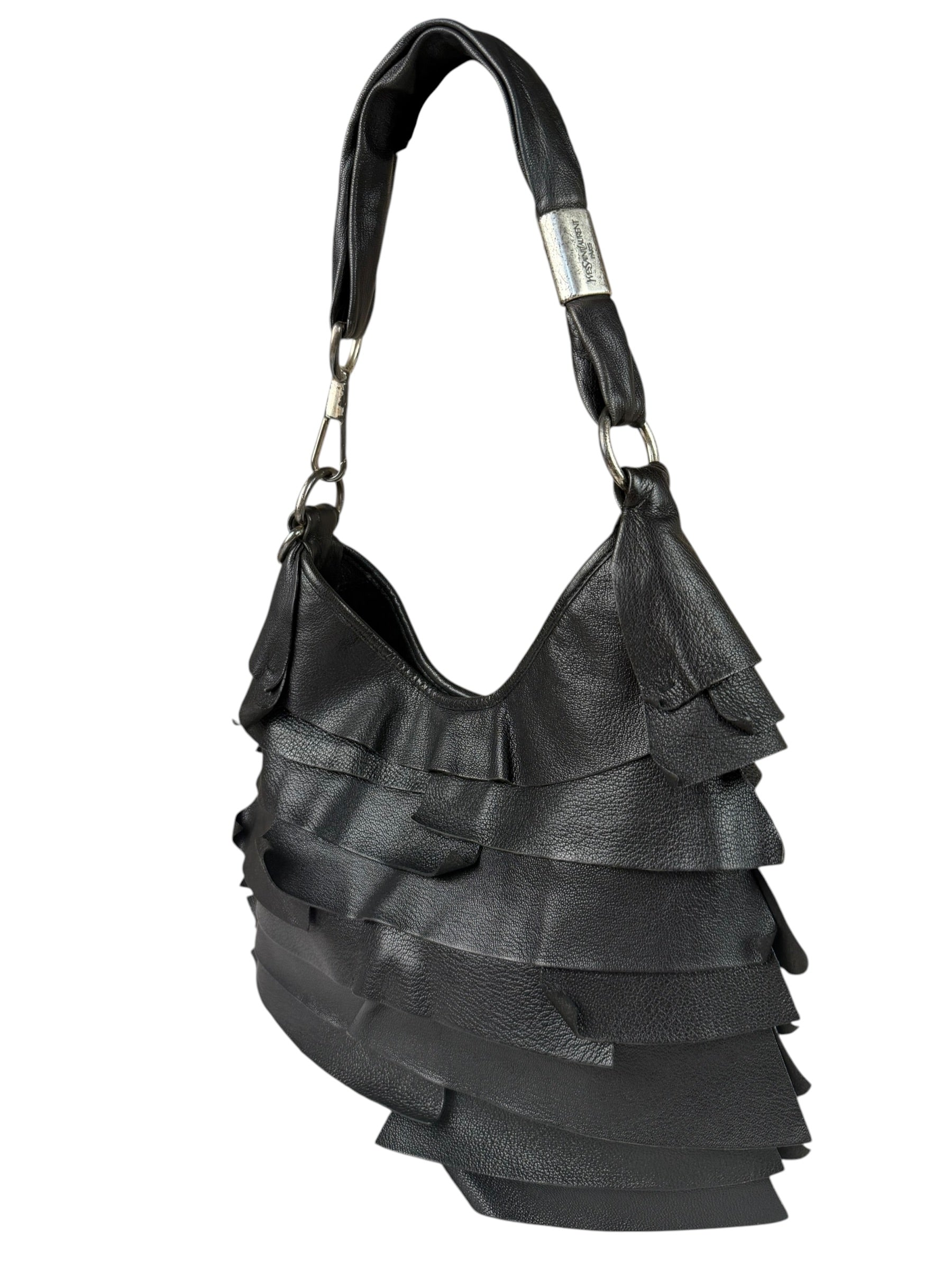 Yves Saint Laurent Black Leather St. Tropez Ruffled Hobo Bag