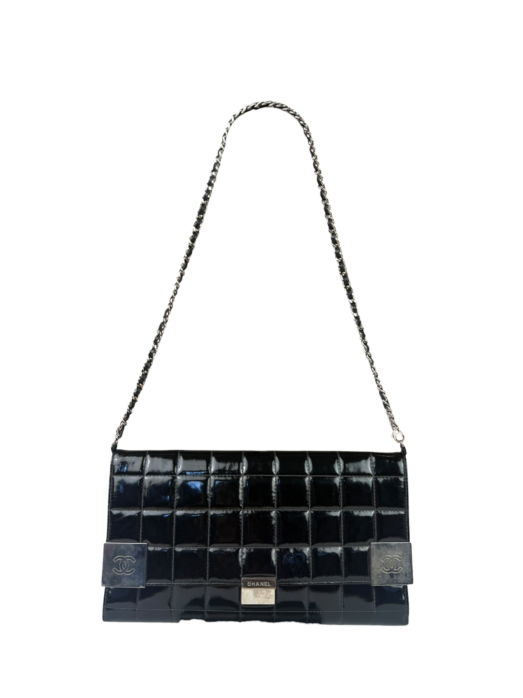 Chanel Black Patent Chocolate Bar Quilted Flap Shoulder Bag 2001