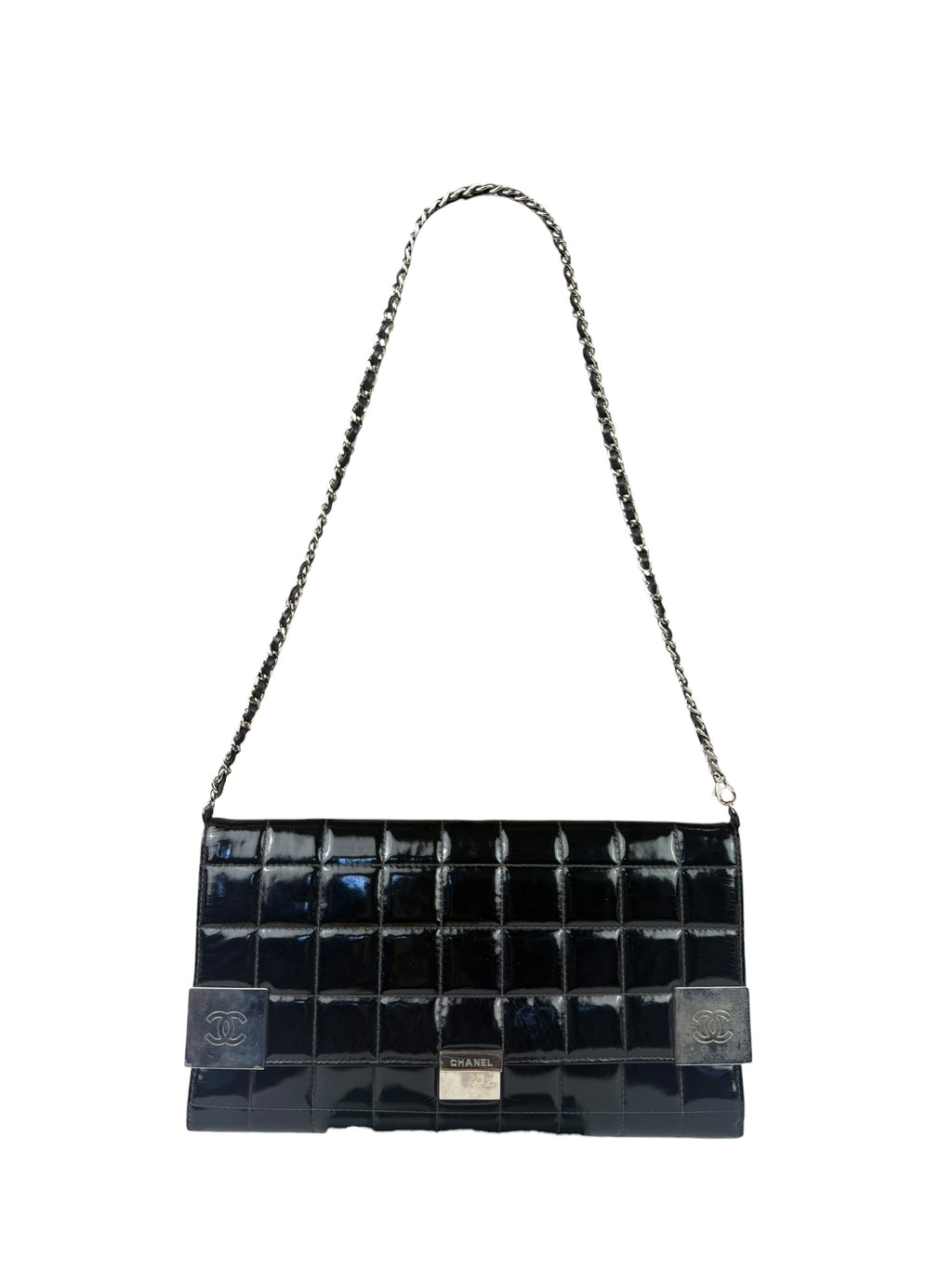 Chanel Black Patent Chocolate Bar Quilted Flap Shoulder Bag 2001