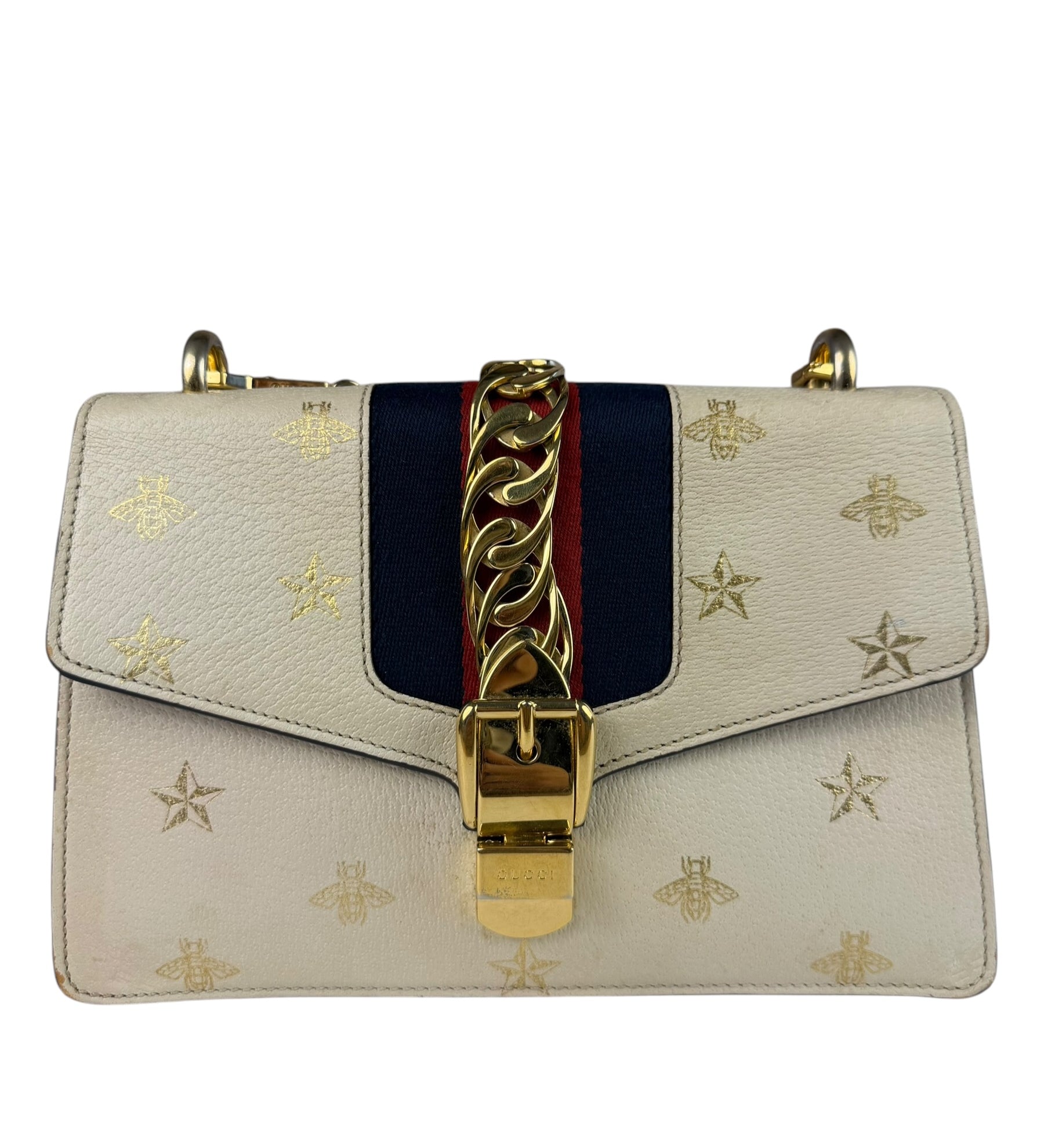 Gucci Textured Calfskin Bee Star Sylvie Shoulder Bag White