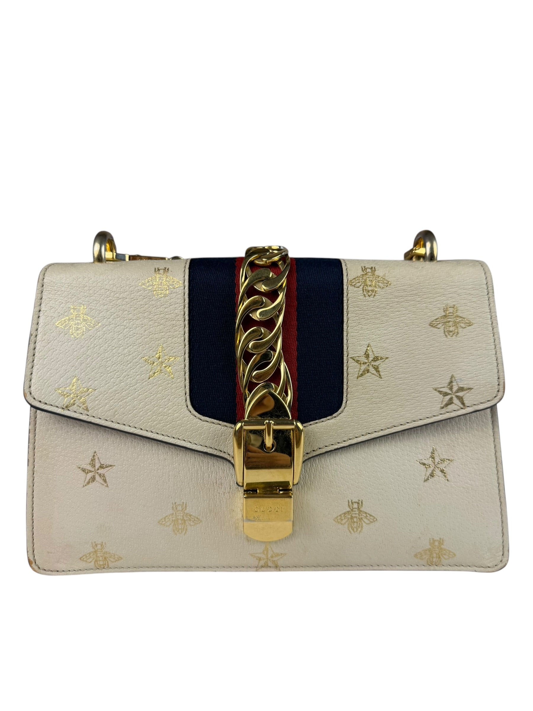 Gucci Textured Calfskin Bee Star Sylvie Shoulder Bag White