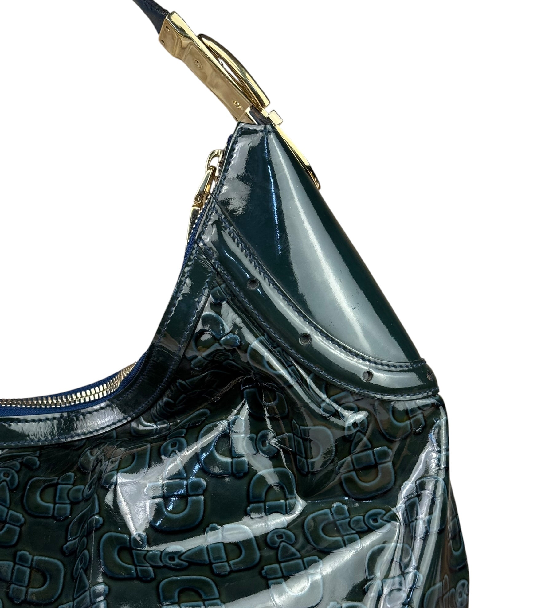 Gucci Vintage Blue/Green Patent Leather Horsebit Glam Hobo Bag