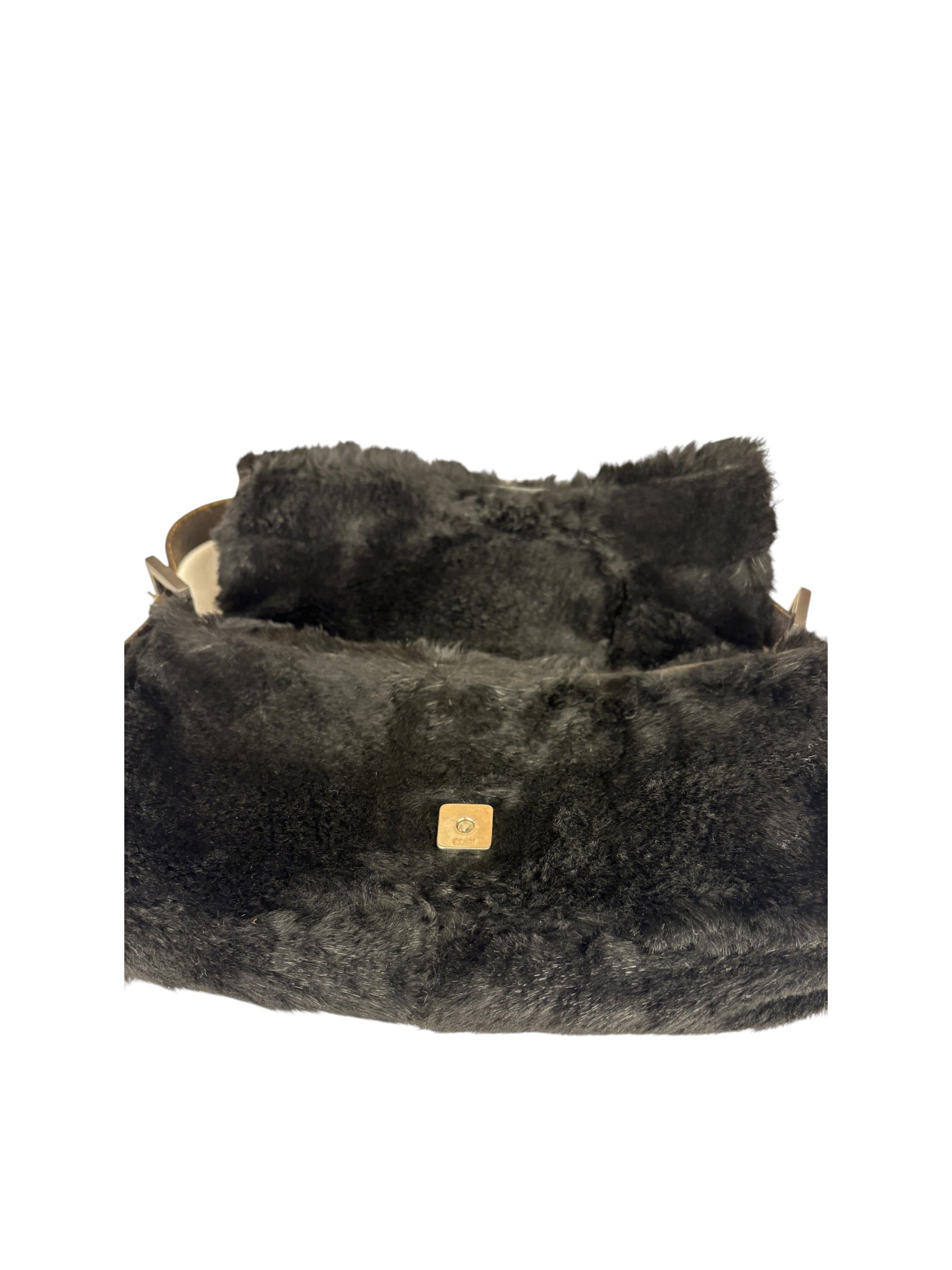Fendi Black Leather Trim Plush Rabbit Fur Baguette