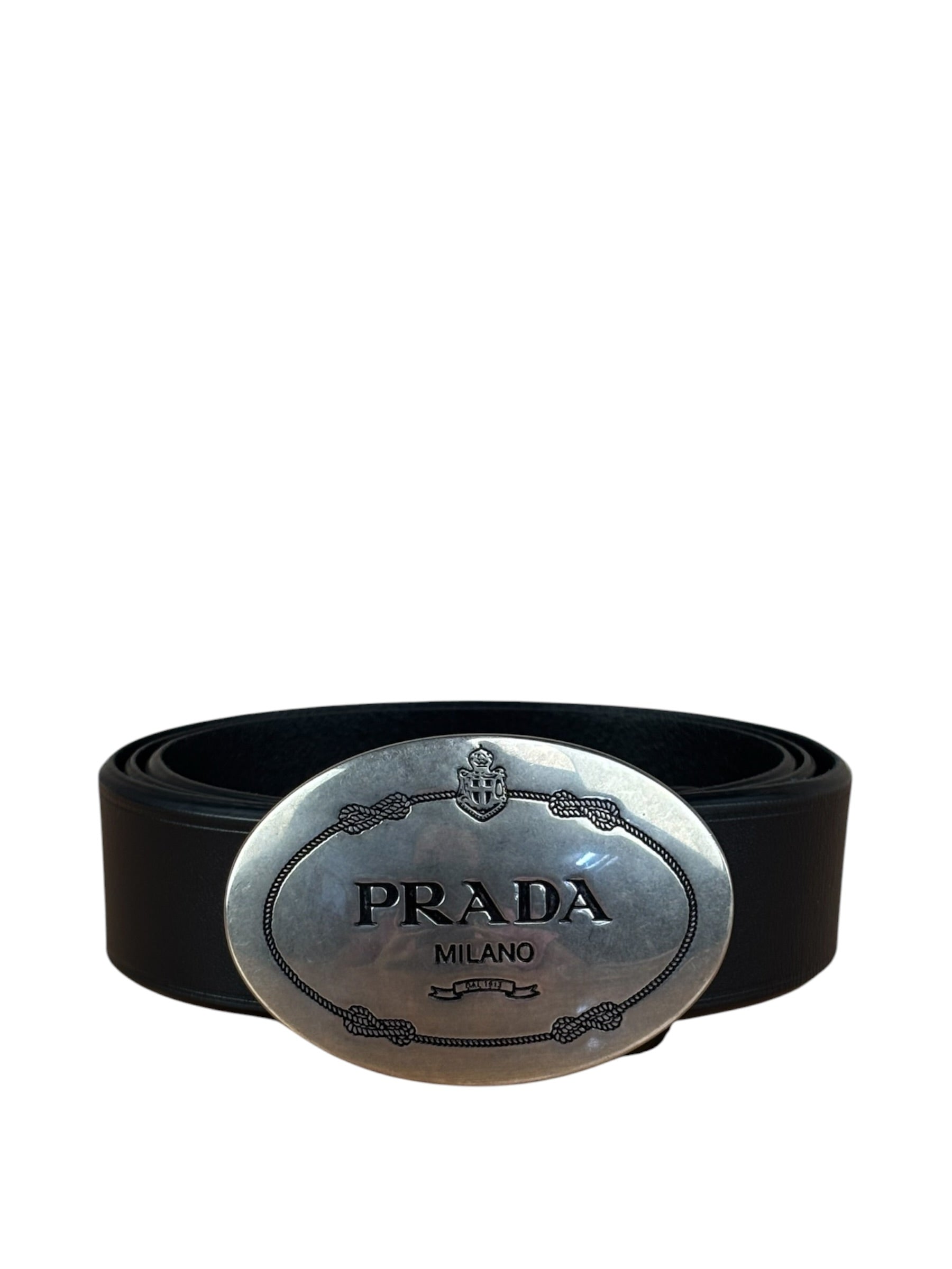 Prada Silver Emblem Leather Belt