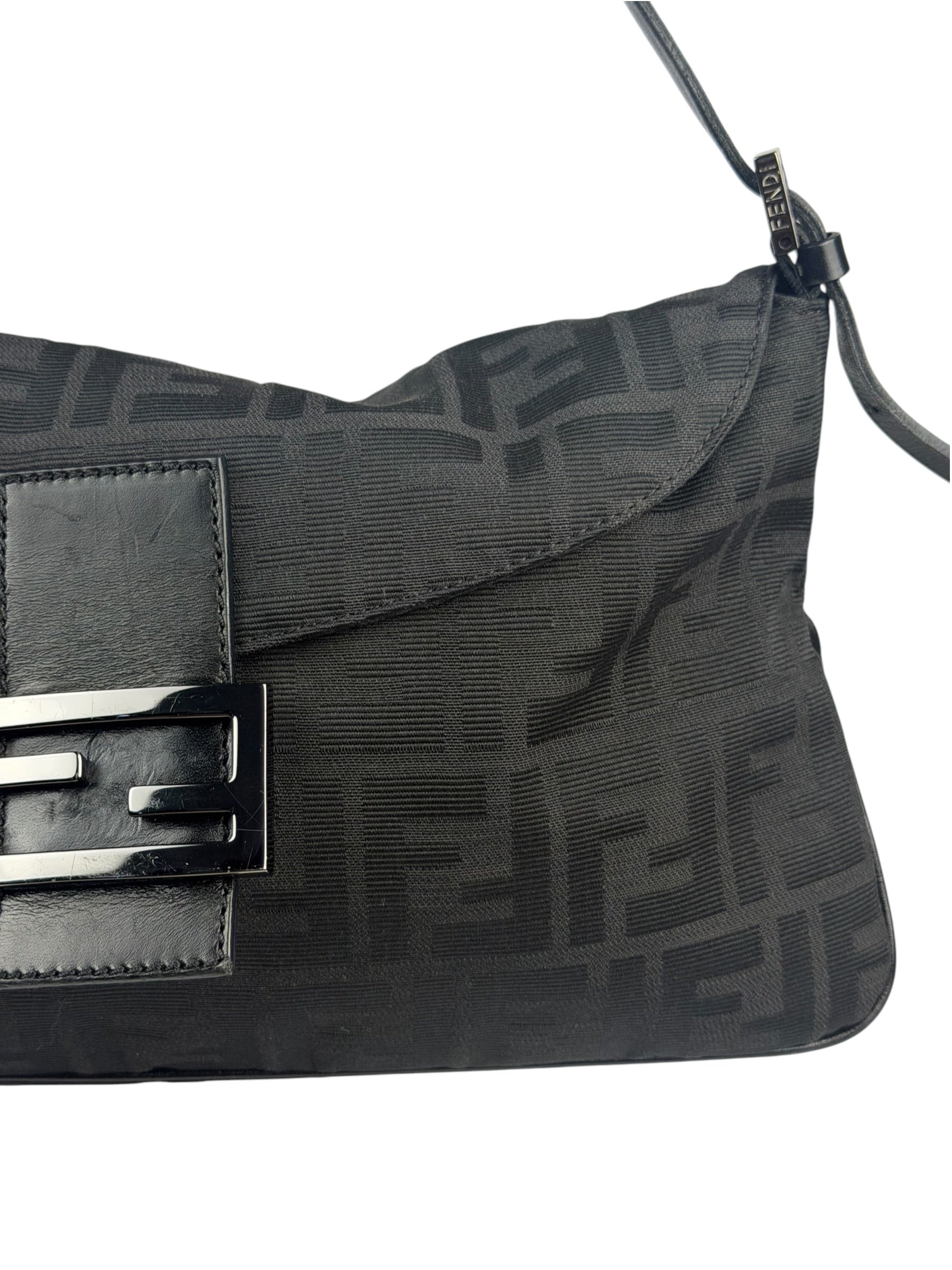 Fendi Black Leather Trim Zucca Mamma Baguette