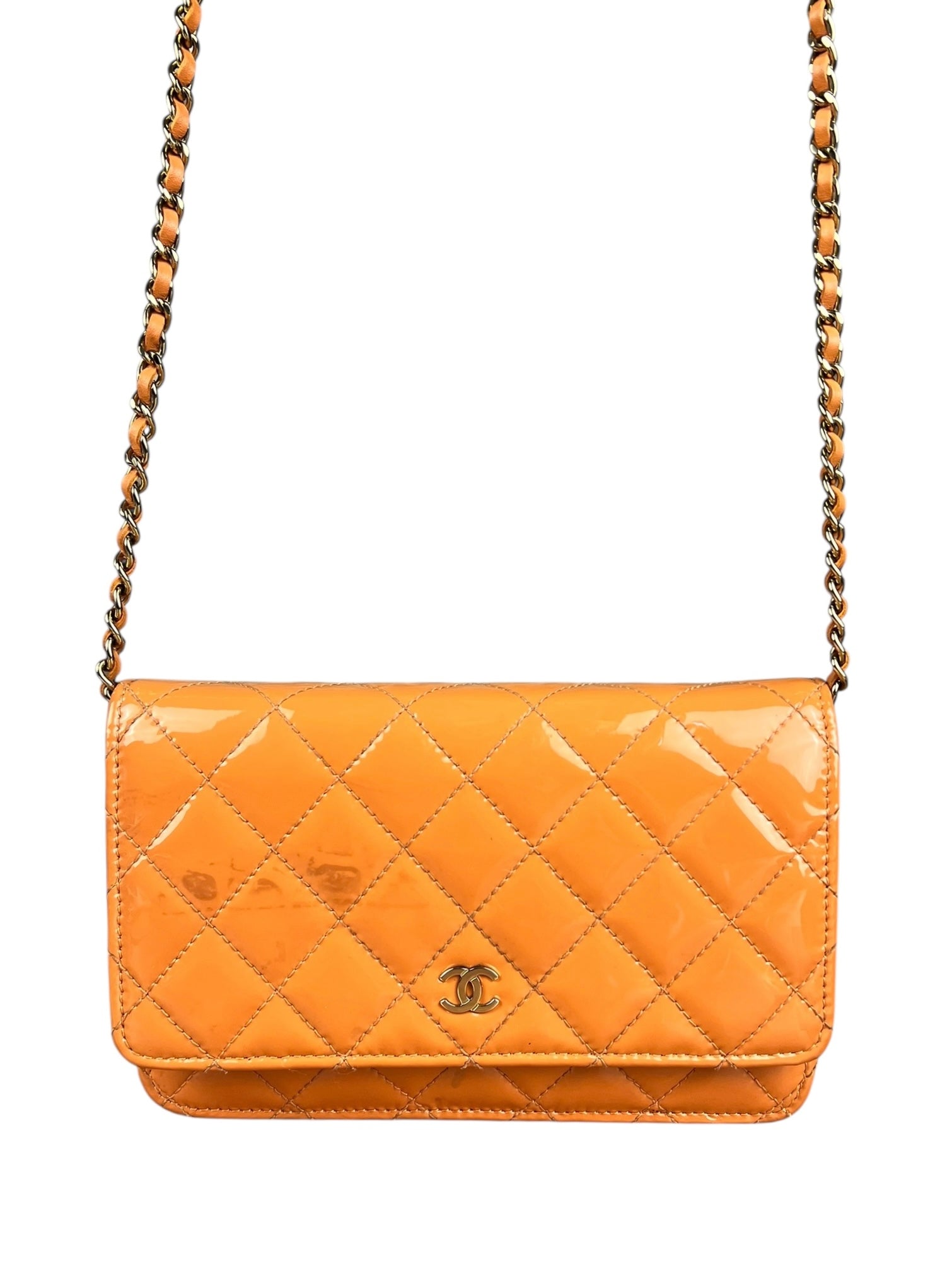 Chanel Orange Patent Leather Flap Wallet on Chain Bag