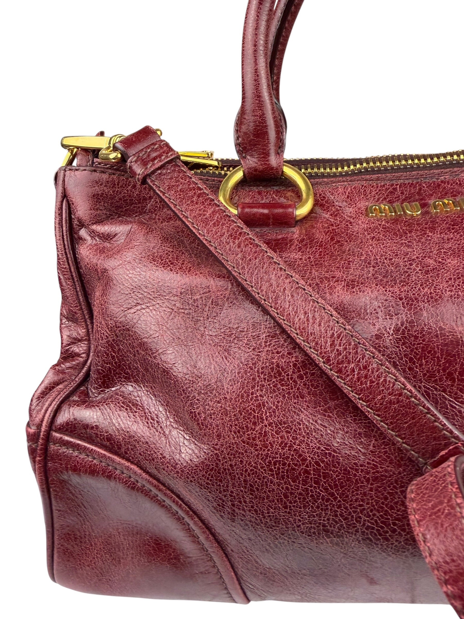 Miu Miu Amaranth Vitello Shine Leather Double Zip 2Way Handbag