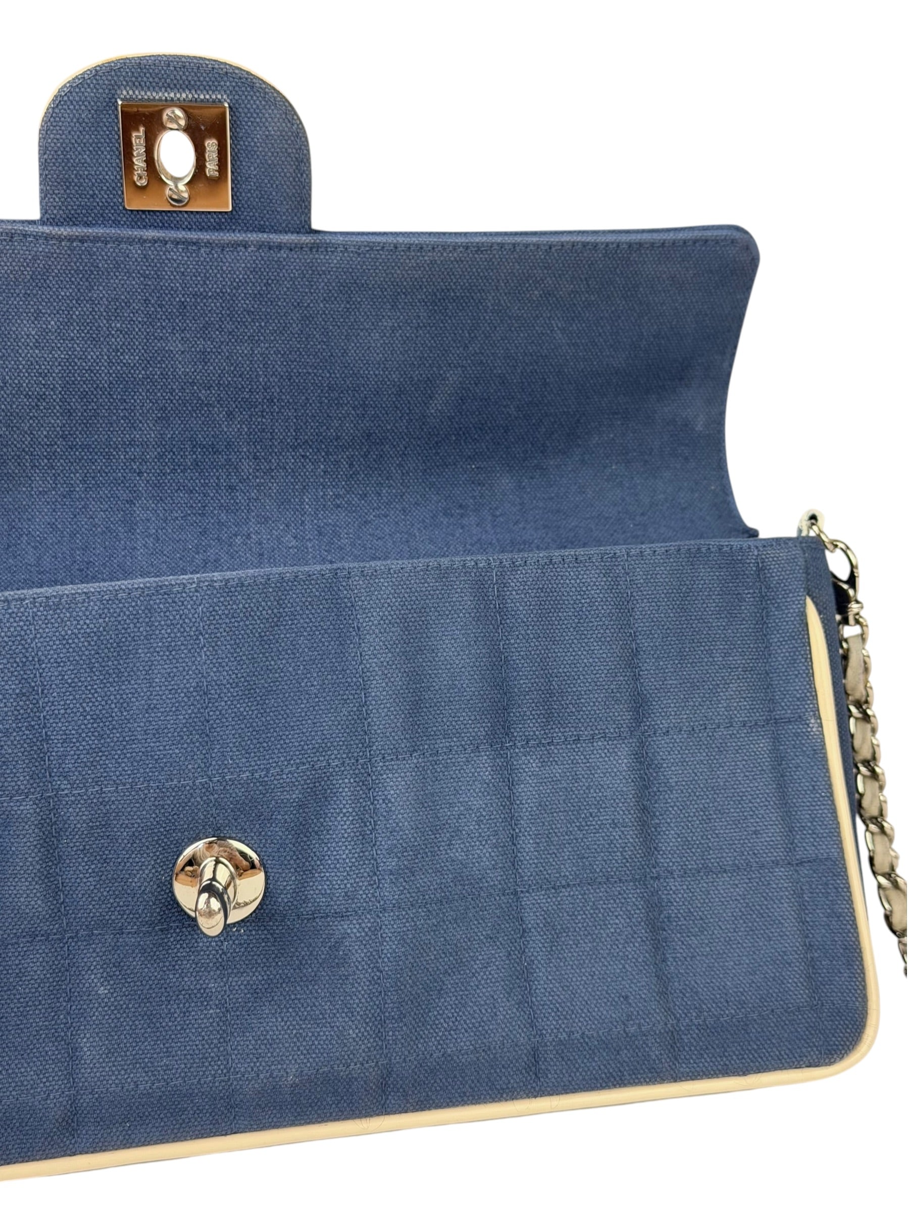 Chanel Blue/Cream Patent Leather Trim East-West Chocolate Bar Shoulder Bag 2002