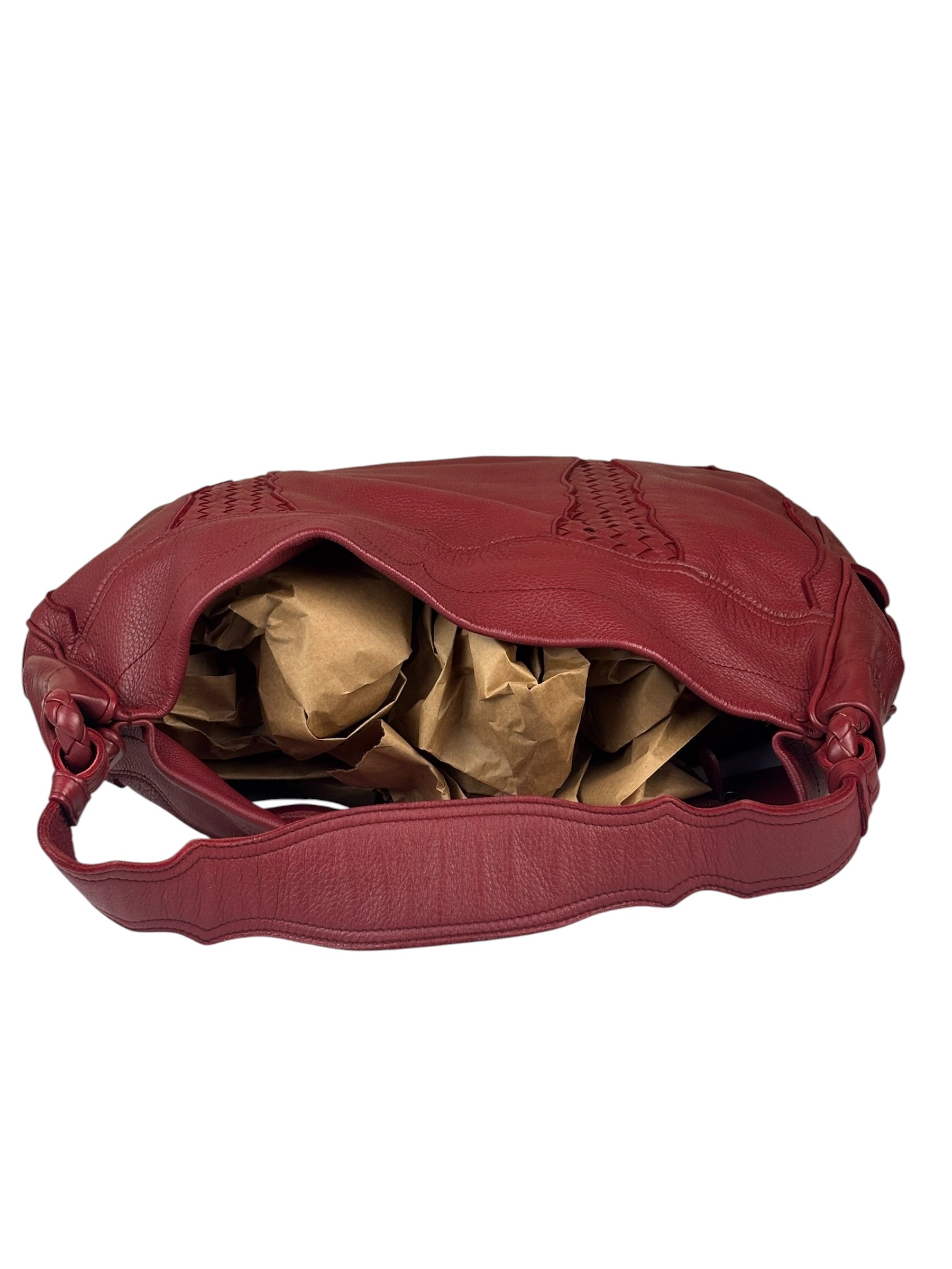 Bottega Veneta Red Leather Intrecciato Trim Hobo Bag