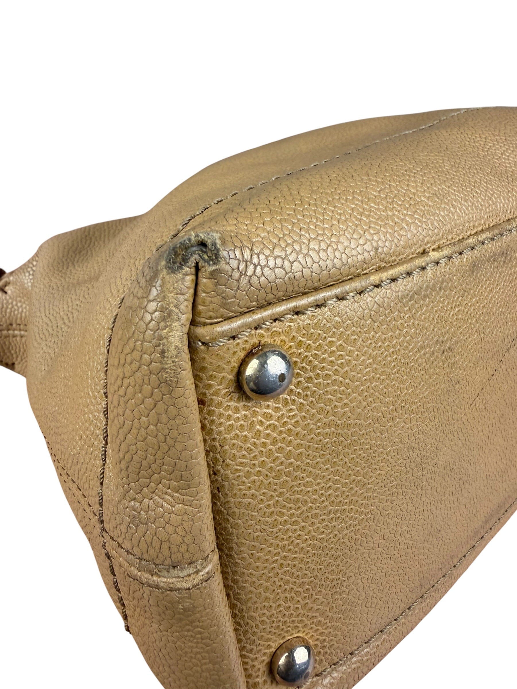 Chanel CC Vintage Beige Leather Caviar Wood Chain Hobo Bag
