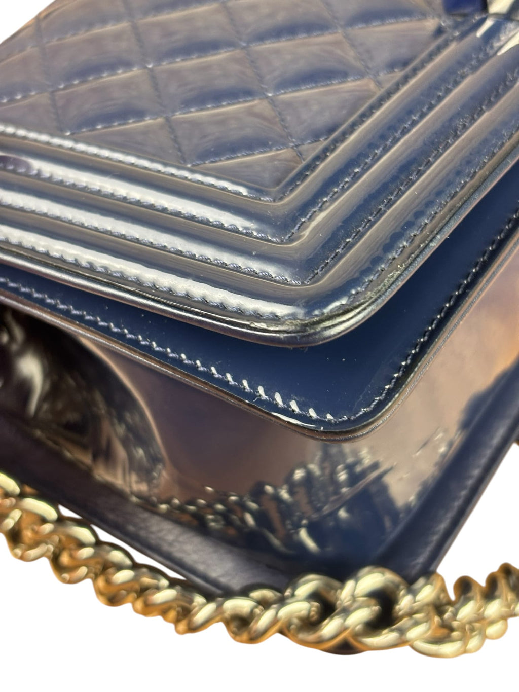 Chanel Navy Patent Quilted Leather Boy Flap Bag 2016