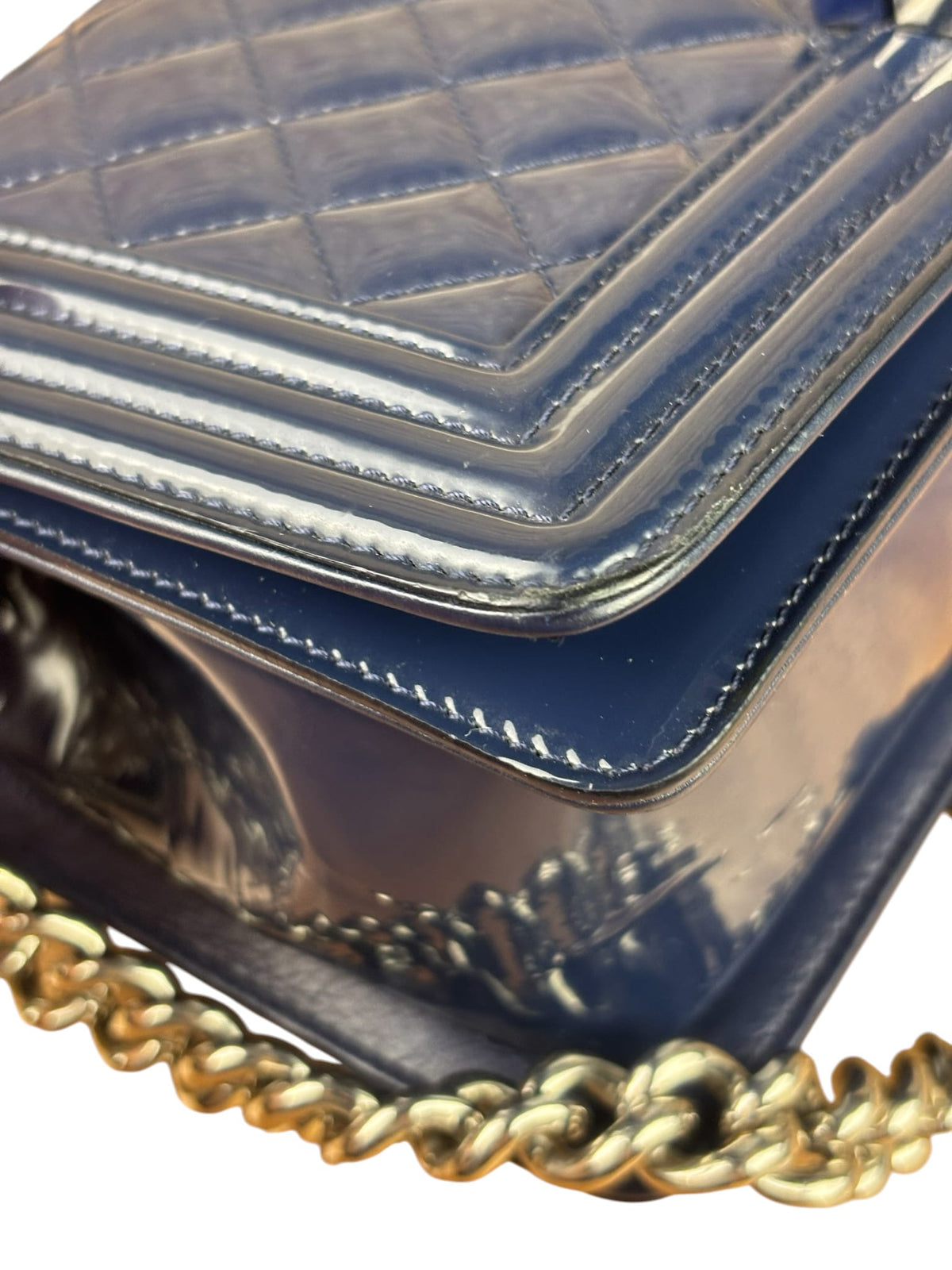 Chanel Navy Patent Quilted Leather Boy Flap Bag 2016