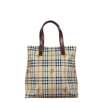 Burberry Vintage Brown Leather  Haymarket Canvas House Check Tote Bag