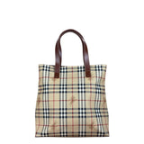 Burberry Vintage Brown Leather  Haymarket Canvas House Check Tote Bag