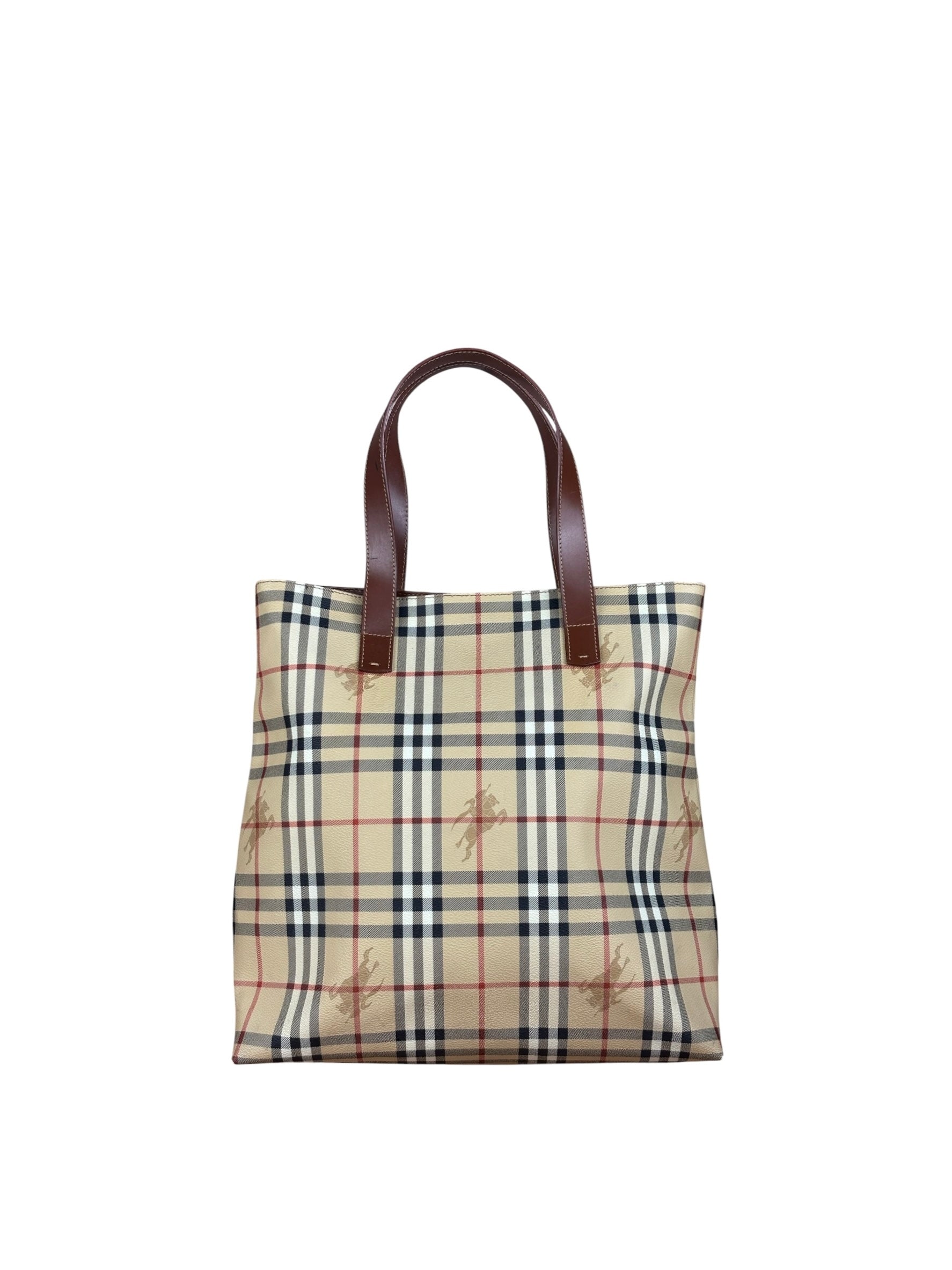 Burberry Vintage Brown Leather  Haymarket Canvas House Check Tote Bag