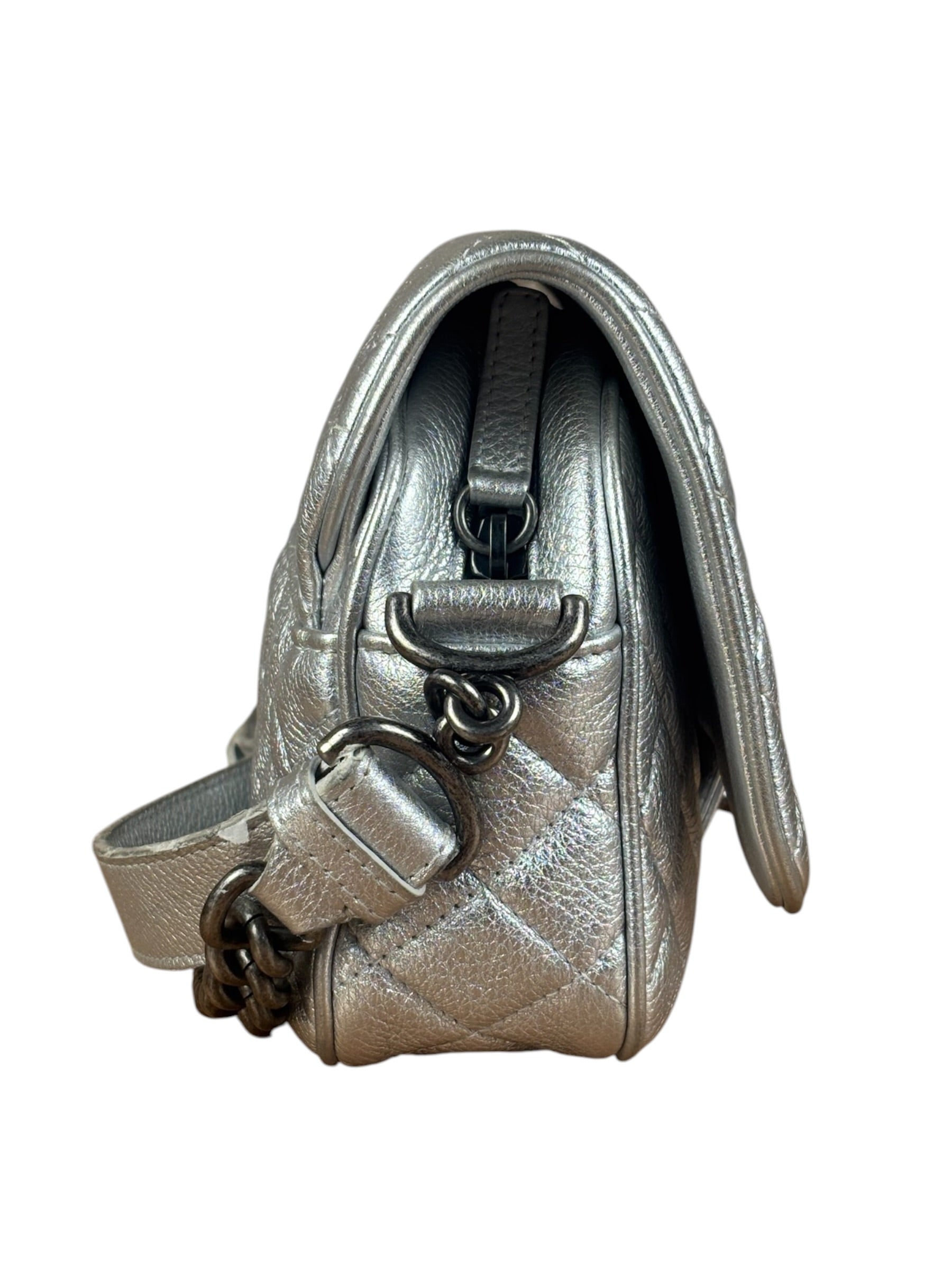Chanel CC Silver Metallic Quilted Flap Shoulder Bag 2017