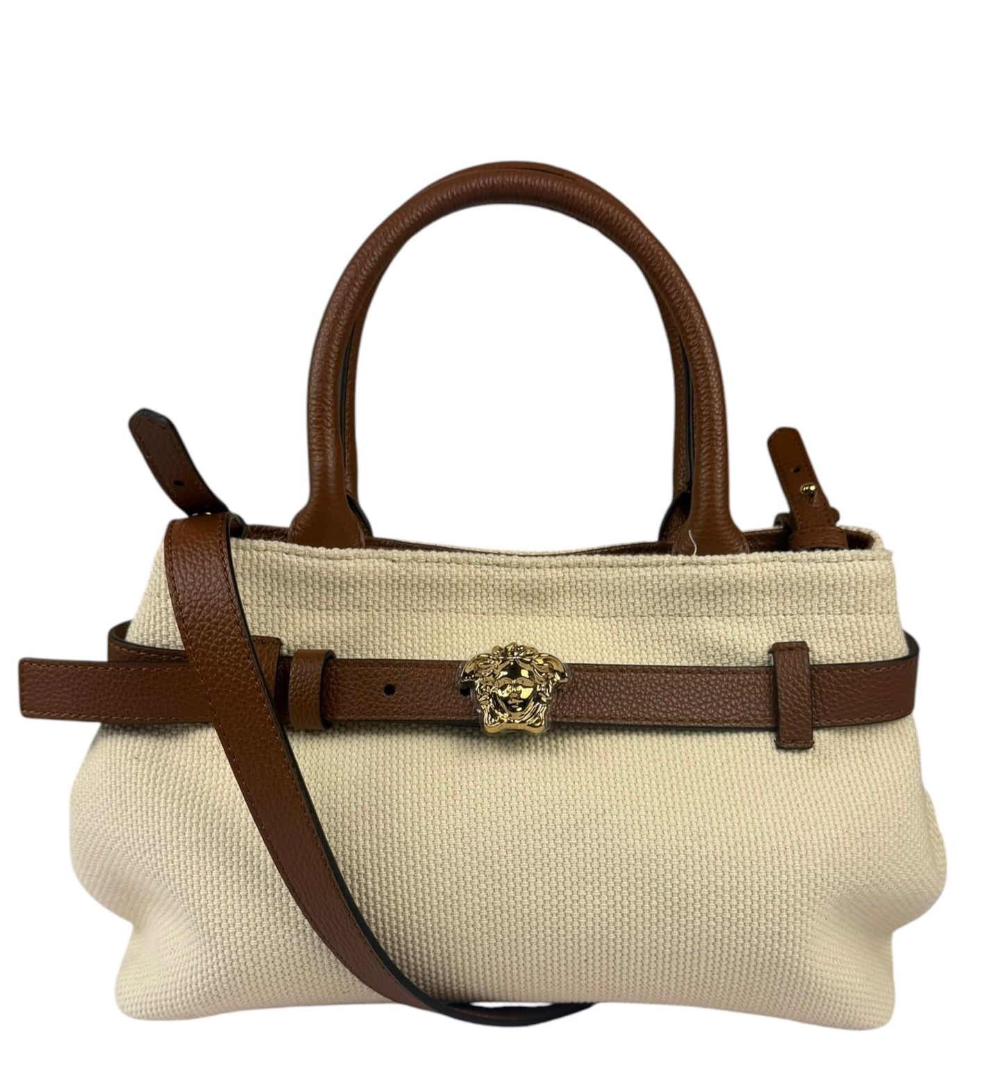Versace Brown Leather Trim La Medusa Tote