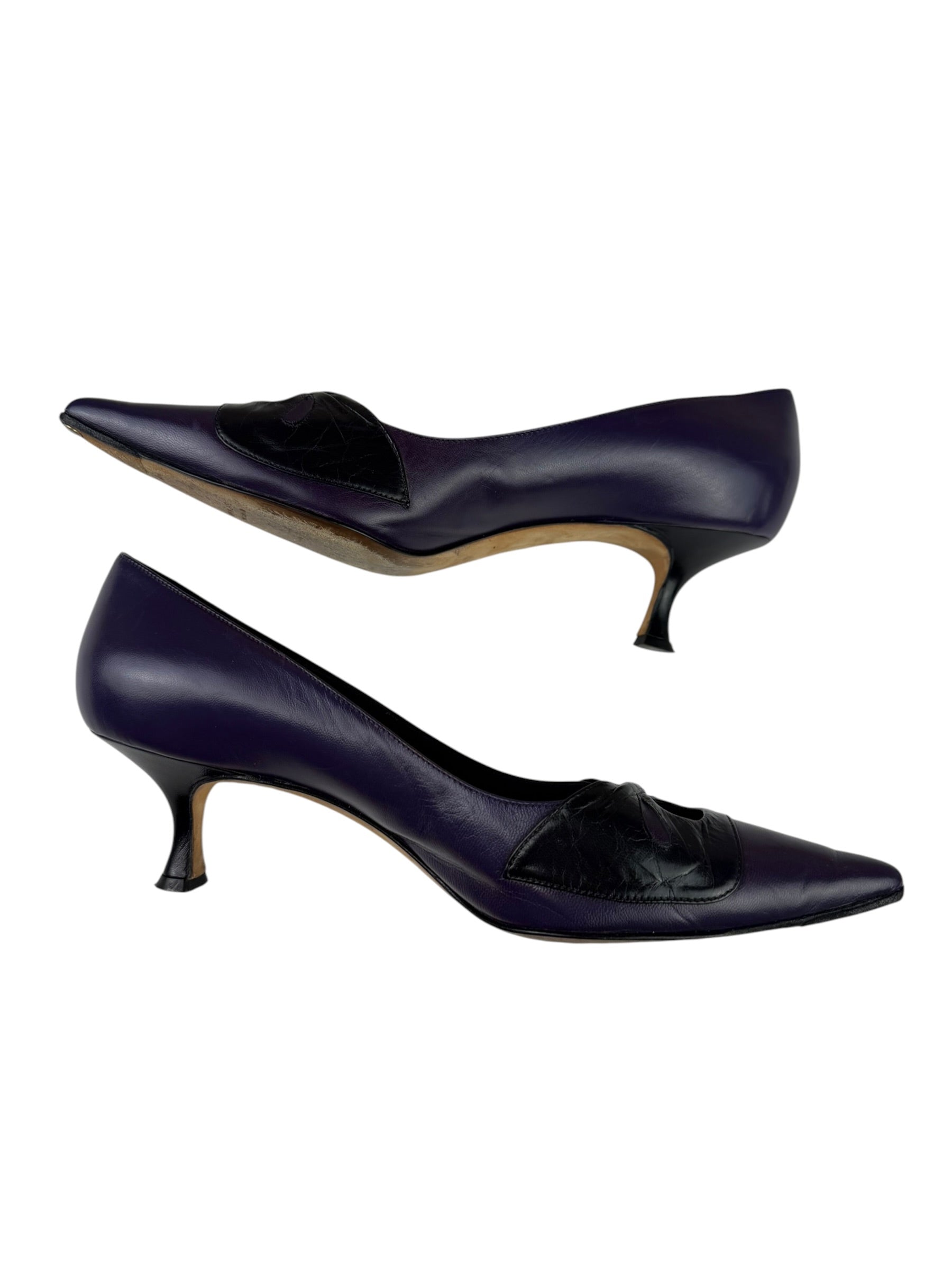 Manolo Blahnik Purple/Black Bow Kitten Heels