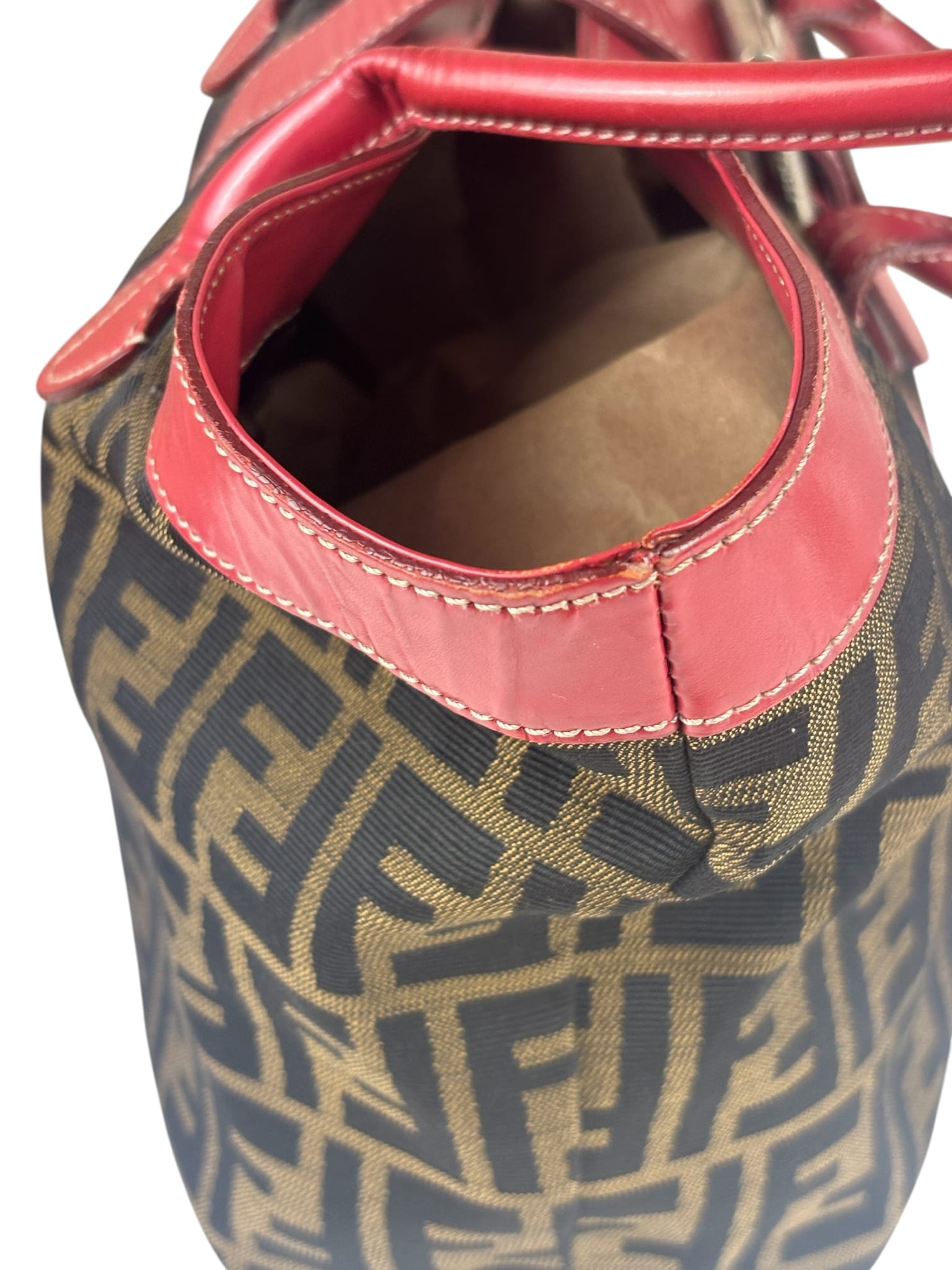 Fendi Beige/Red Leather Trim Zucca Buckle Tote